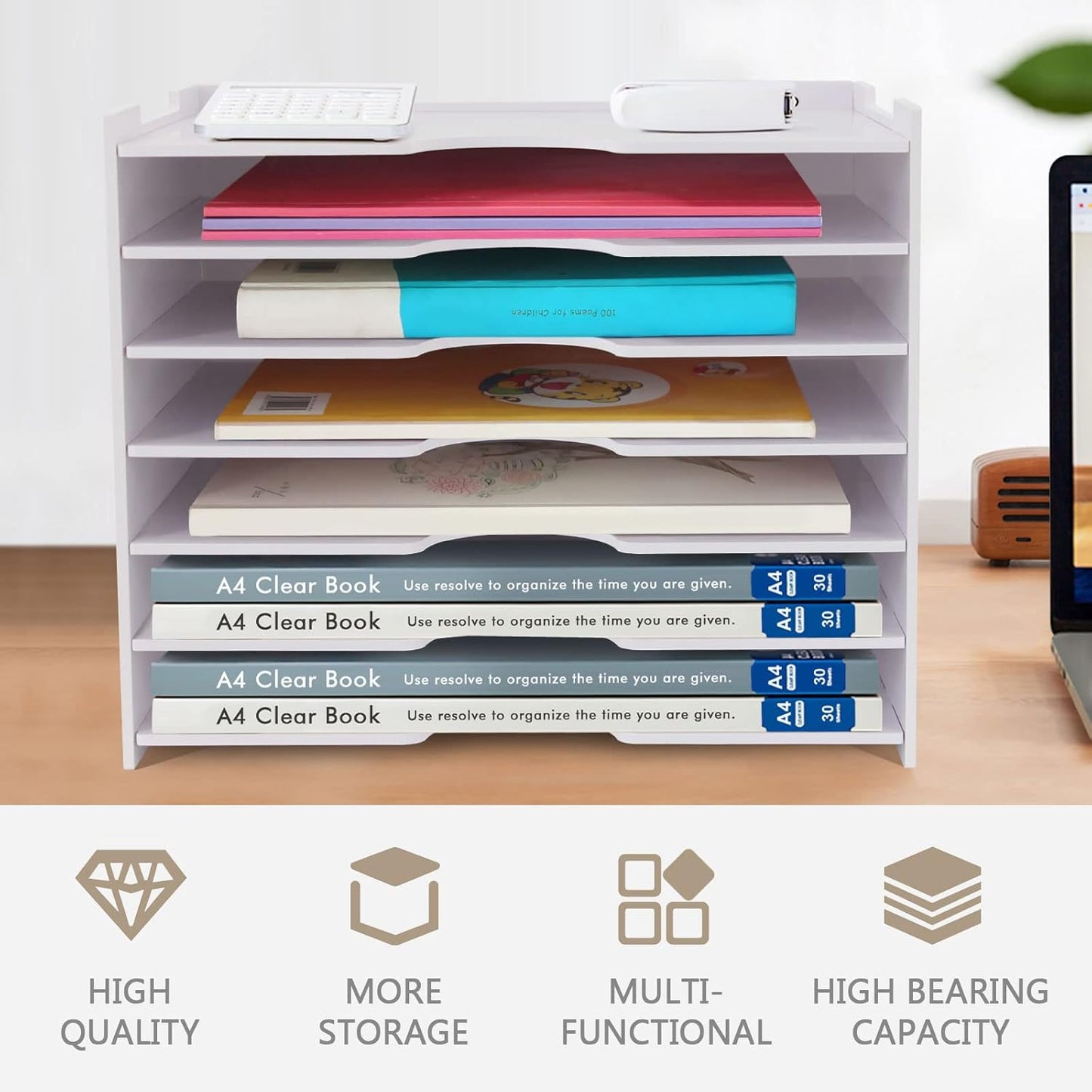 SONGWAY File Organizer for Desk - 7 Tier Wide Document Holder, Letter Mail Tray Storage Rack, A4 Paper Storage Holder, Desktop Organizer for Home Office School, White