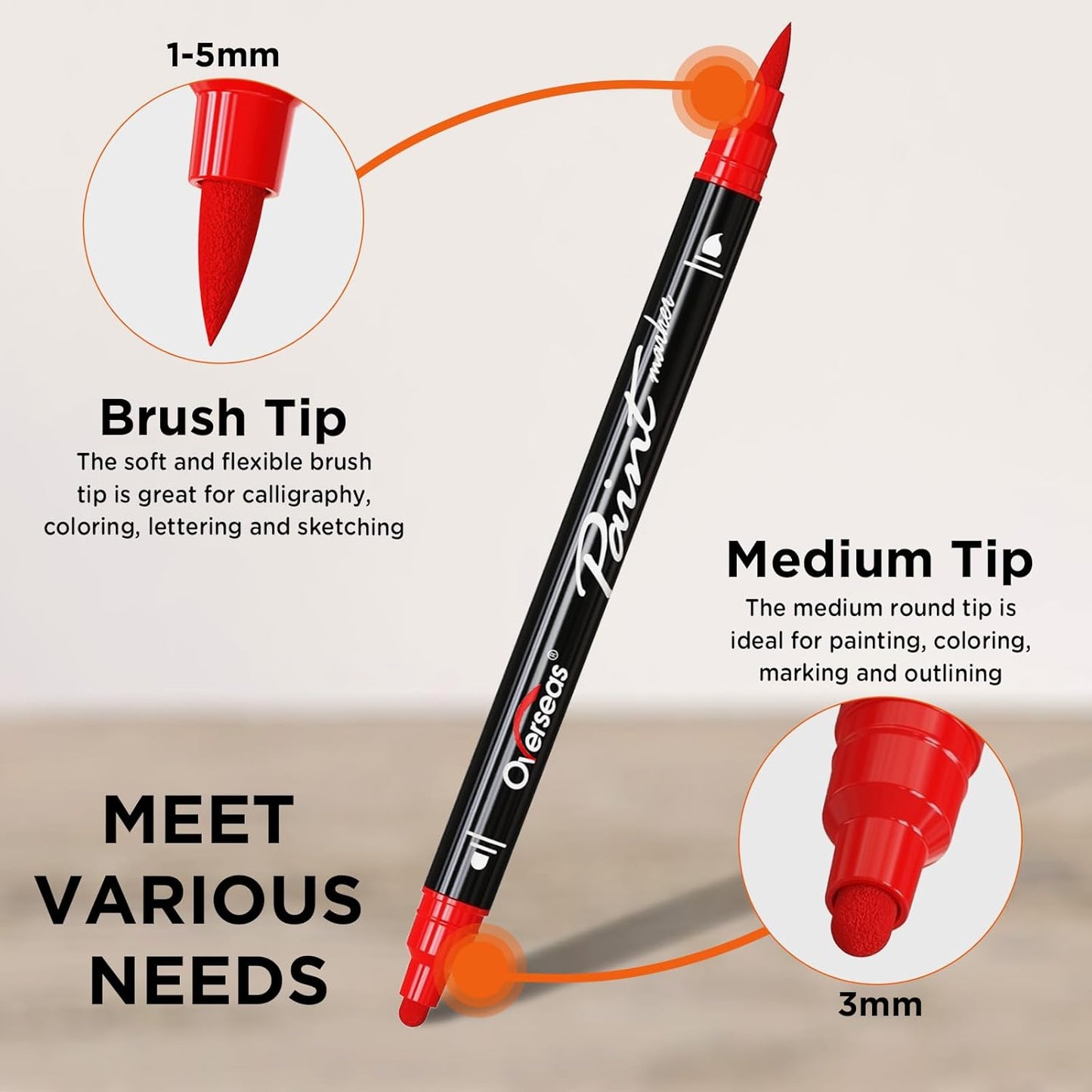 Overseas 48 Dual-Tip Acrylic Paint Markers Pens - Acrylic Paint Pens with Brush and Dot Tip, No Bleeding Coloring Marker for Wood, Rock, Glass, Metal, Ceramic, Plastic, Fabric, Teacher Supplies