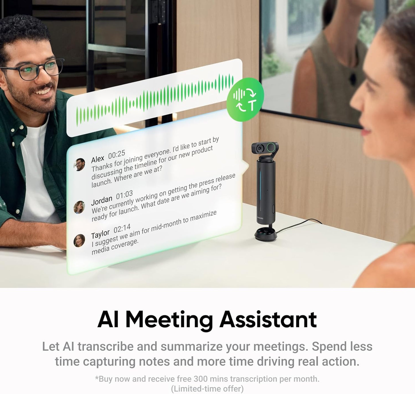 Insta360 Wave - AI Speakerphone, Bluetooth, Voice Recorder, 8 Noise-Canceling Mics w/Beamforming, AI Transcript & Summary, Support 99 Languages, 32GB Storage, Meetings, Podcasts, Livestreams
