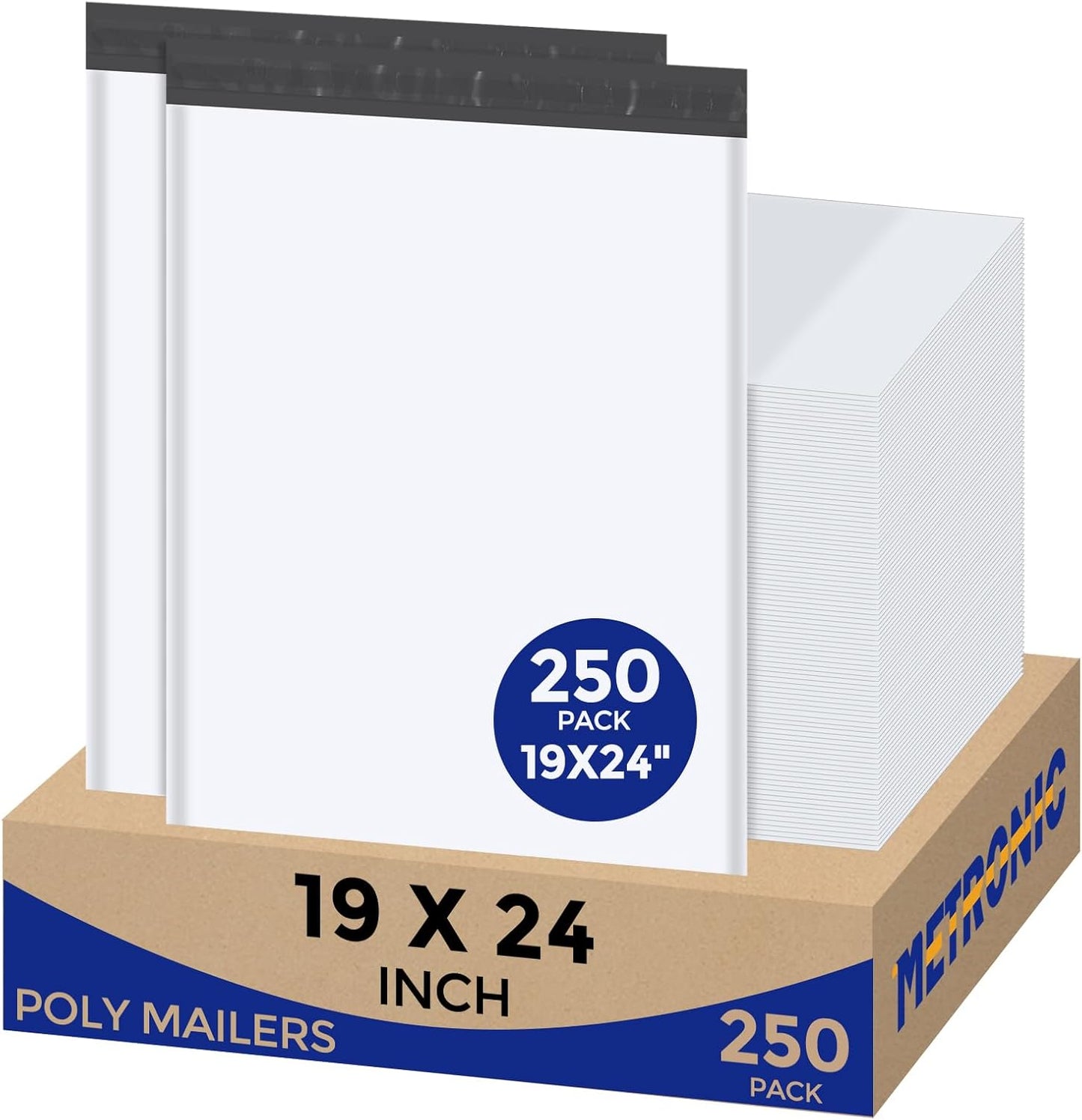 Metronic Poly Mailers 19x24 Inch 250pcs Shipping Bags for Clothes,Self Adhesive Shipping Envelopes for Small Business,Waterproof Mailers Poly Bags for Shipping,Packaging Mailing Bags White