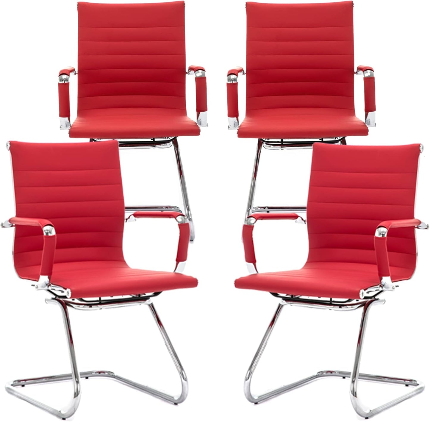 Office Desk Chair Set of 4,No Wheels PU Leather Computer Chairs Mid Back Guest Chairs with Seld Base for School/Reception/Conference/Waiting Room, Burgundy Red