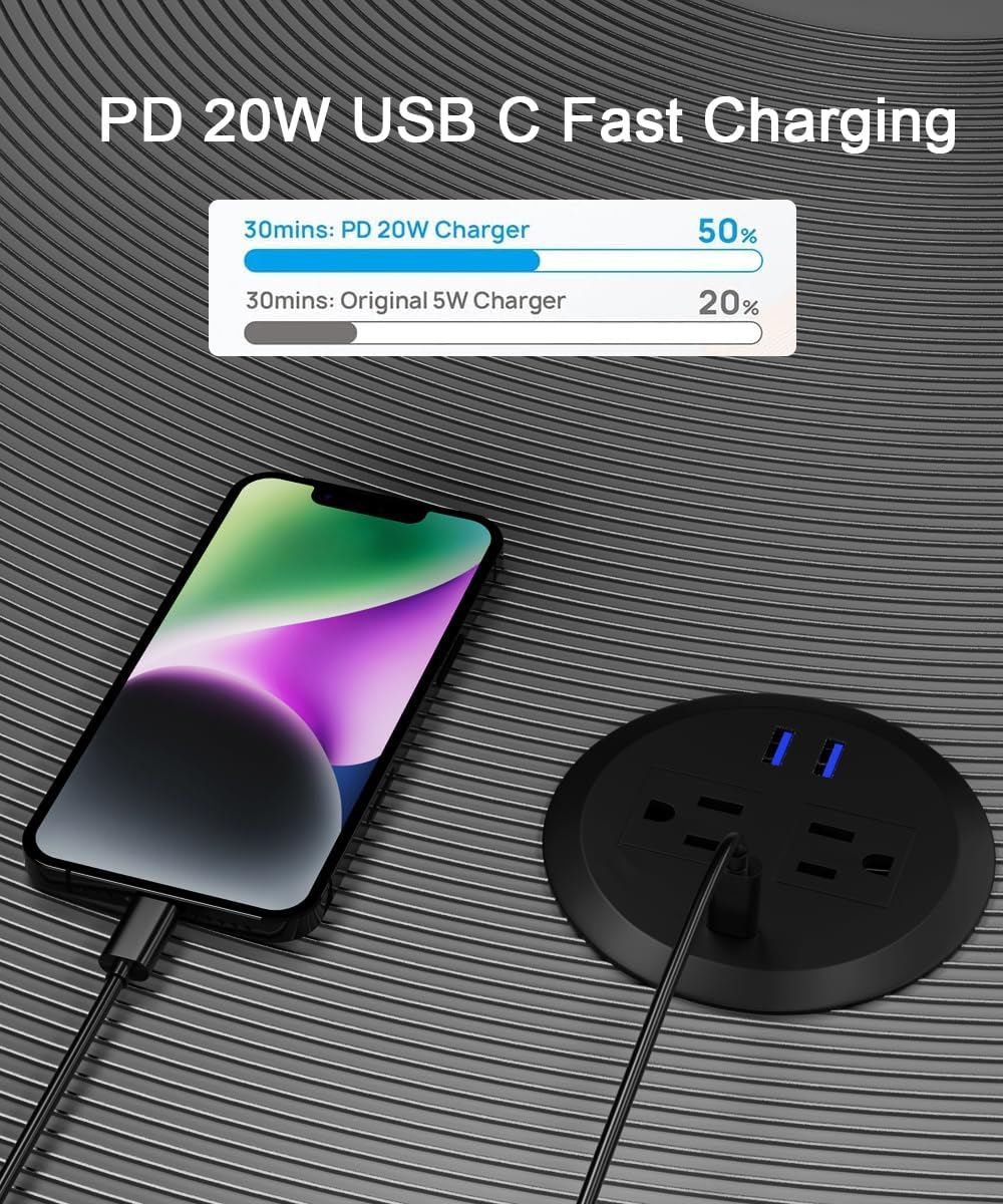 9 pcs 3 Inch Desktop Power Grommet,20W USB C Fast Charging Station,3-USB Port,Flush Mount,6.5 ft Power Cord.Round Recessed Power Outlet,Desk Hole Grommet Outlet for Workspace,Sofa,Black