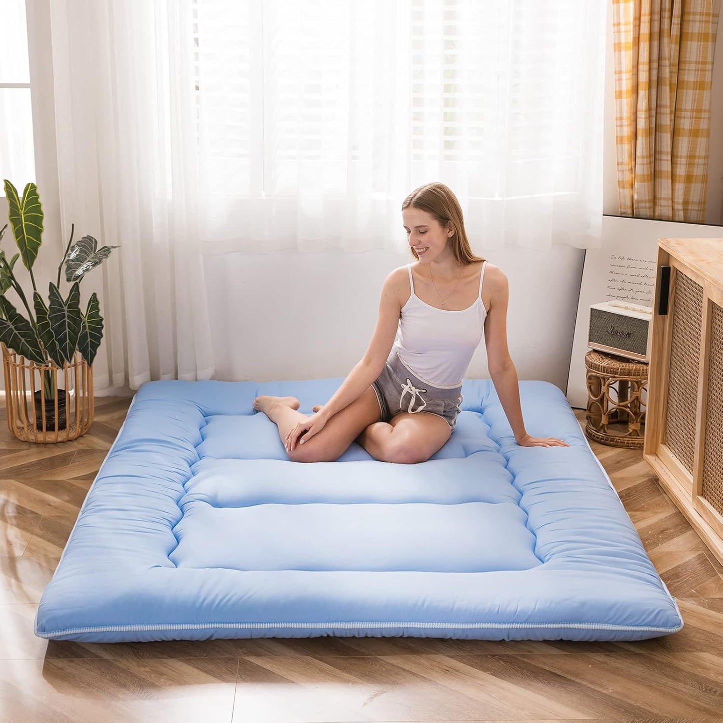 MAXYOYO Japanese Floor Mattress Futon Mattress, Thicken Sleeping Pad Roll Up Mattress Mattress Pad Foldable Floor Lounger Bed Boys Girls Dormitory Mattress Pad, Dusty Blue, Twin Size