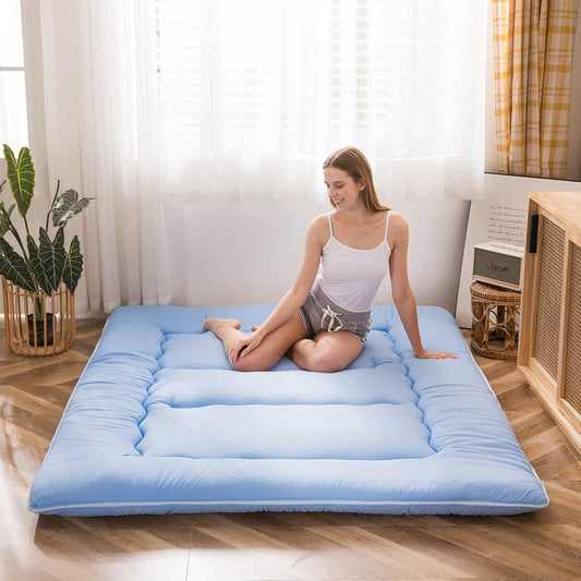 MAXYOYO Japanese Floor Mattress Futon Mattress, Thicken Sleeping Pad Roll Up Mattress Mattress Pad Foldable Floor Lounger Bed Boys Girls Dormitory Mattress Pad, Dusty Blue, Twin Size