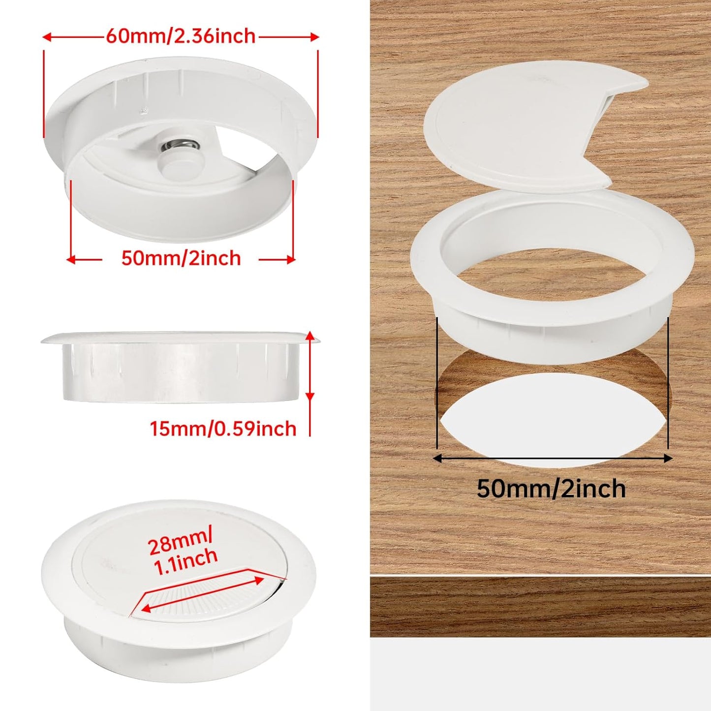 Desk Grommet 2 inch(50mm)8 Pcs, Desk Hole Grommet, Cable Grommet, Desk Hole Cover, Desk Cord Hole Cover, Desk Cable Hole Cover, Desk Wire Hole Insert, Furniture Hole Cover(White Grommet)