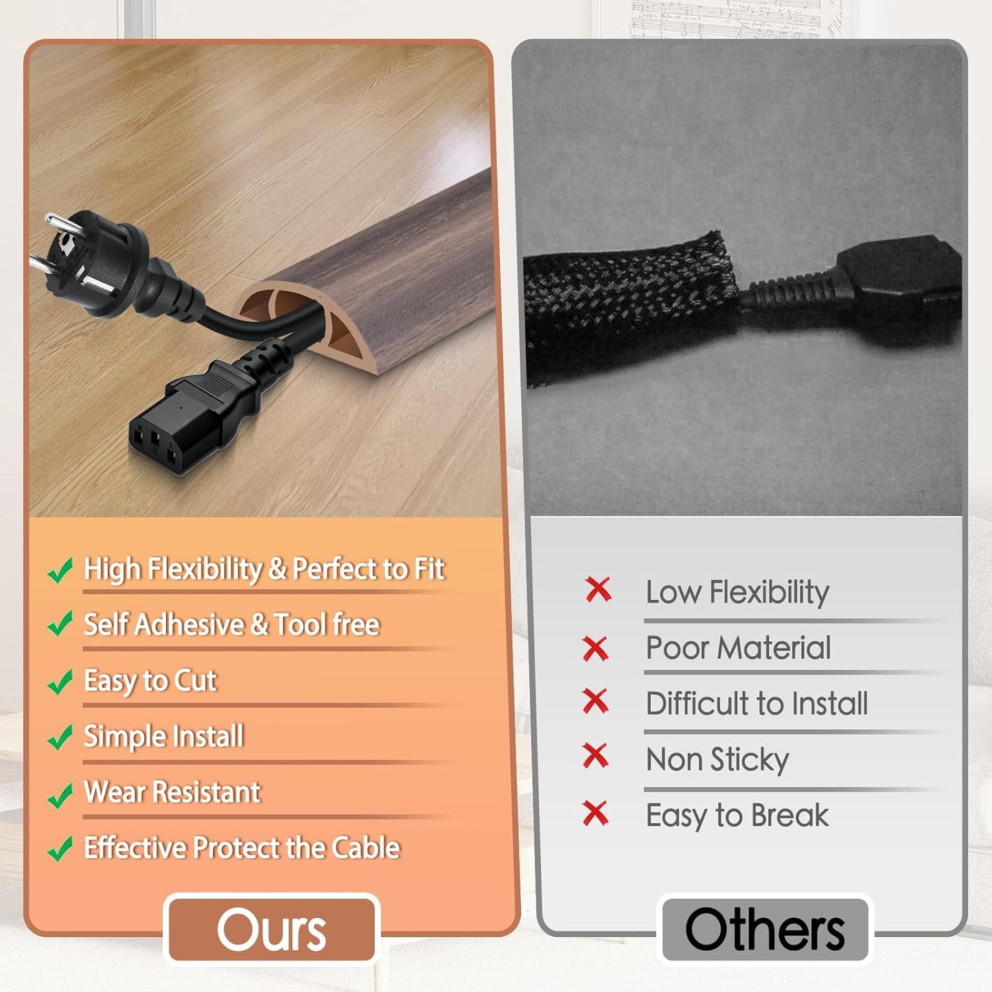 Floor Cord Cover for Wires on Floor Self Adhesive Cord Hider Floor Cable Management Wire Covers for Cords Protector Prevent Cable Trips Cord Cavity W 0.47" x H 0.27", Grayish Brown Wood, 3.3Ft