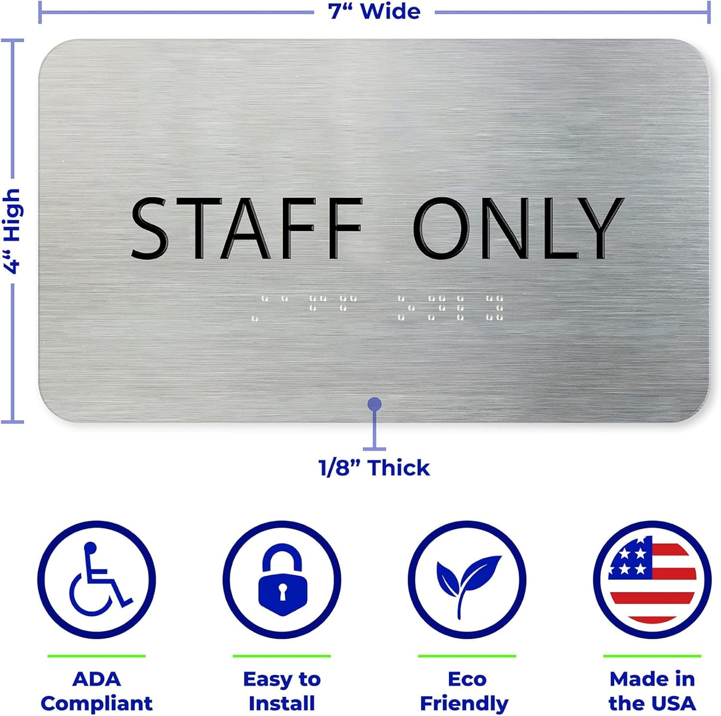 ADASigns Staff Only Sign 7" W x 4" H - Durable Brushed Aluminum with Grade 2 Braille - Easy Installation with Strong Double Sided Tape - ADA Compliant Office Door Signs for Businesses & Offices