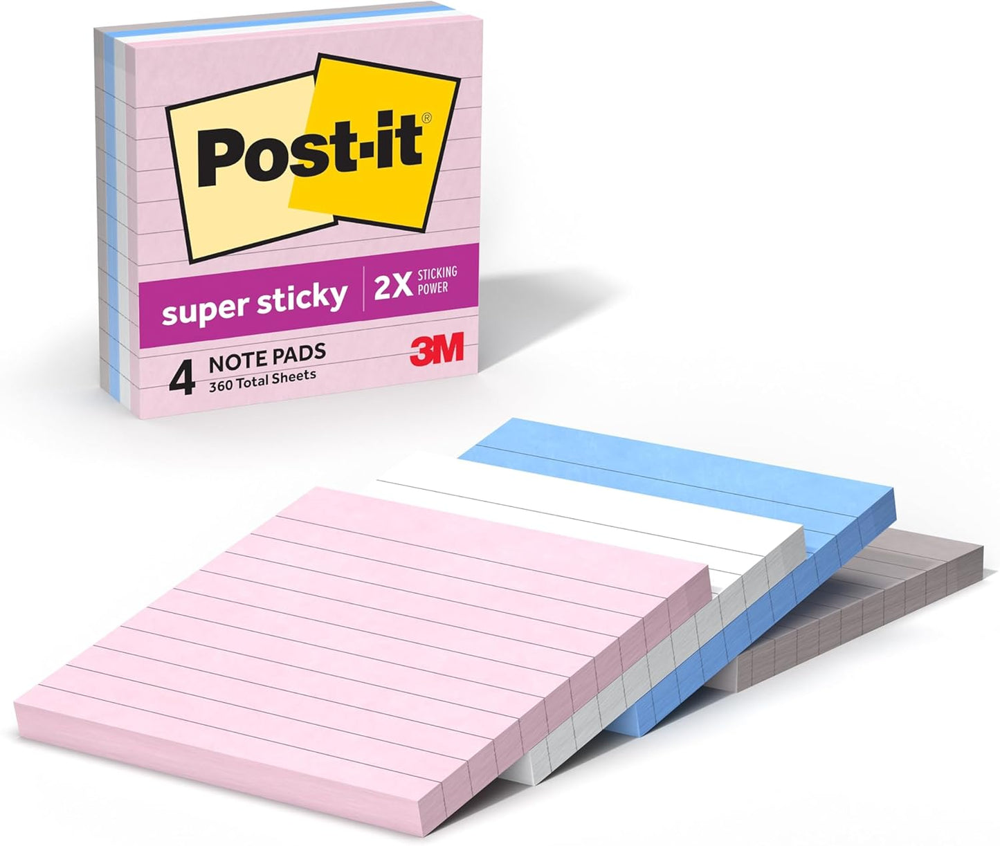 Post-it Super Sticky Notes, 4 Lined Note Pads, 4 x 4 in., 2X The Sticking Power, School Supplies and Office Products, Sticky Notes for Vertical Surfaces, Monitors, Walls and Windows, Simply Serene