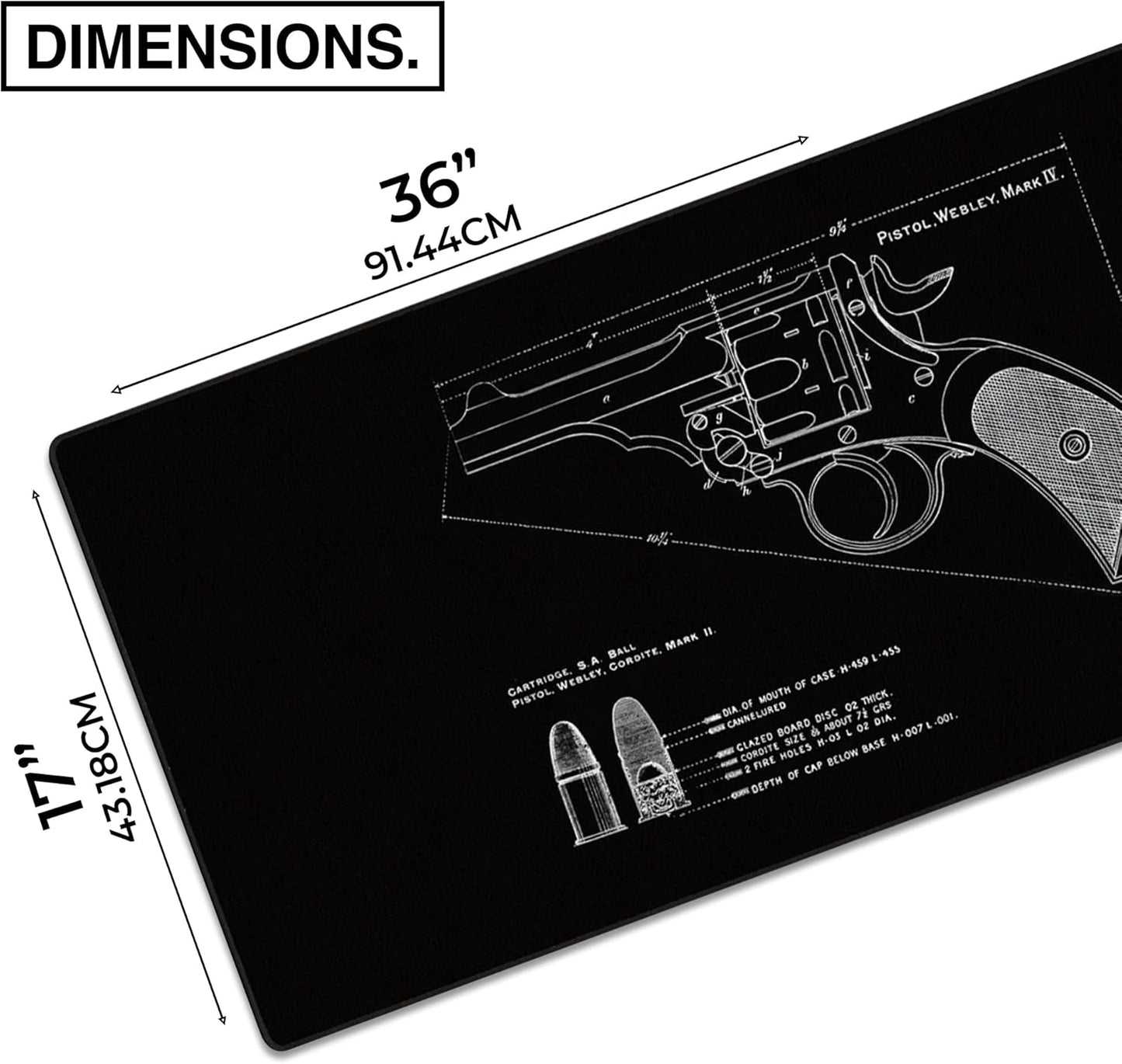 MPCO. Blueprints Large Gaming Desk Pad - 36" x 17" Aeroglyde Fabric Pistol Webly Mark IV – Black Desk Mats - Non-Slip, Washable, Smooth Glide for Precision Gaming & Work