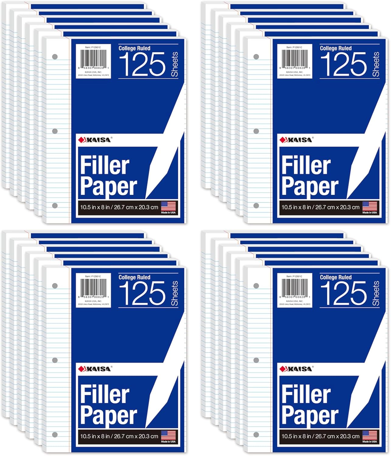 Kaisa Notebook Paper 24 Pack 8x10.5 College Ruled Loose Leaf Paper Filler Paper for 3-Ring Binder Paper 125 Sheets/Pack Notebook Paper 3-Hole Punched Lined Paper(24Pack-college)