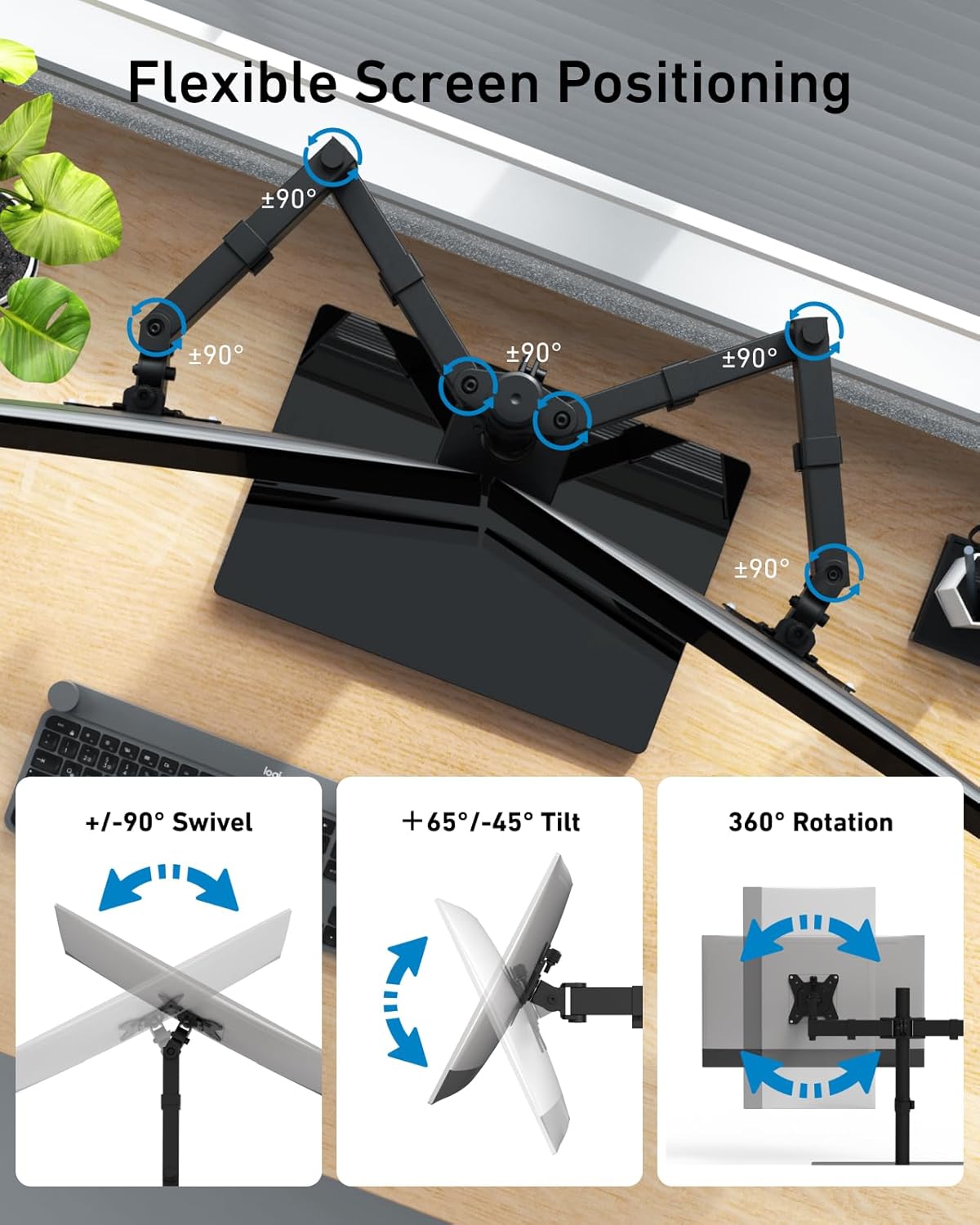 HUANUO Freestanding Dual Monitor Stand, 32 Inch Dual Monitor Mount for 2 Screens, Holds up to 19.8 lbs per Arm, Monitor Arm Riser with Tempered-Glass Base, Tilt, Swivel, Rotation, Black