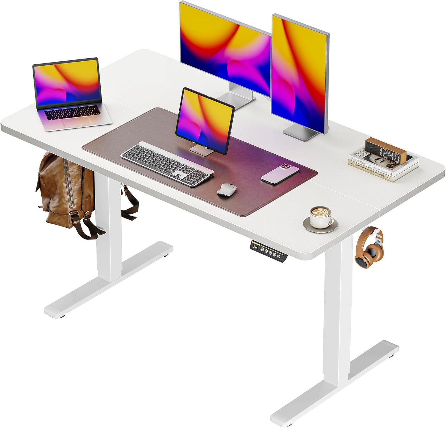 Huuger 48 x 28 Large Electric Standing Desk, Height Adjustable Desk, 27.6" Deep Desktop, Stand up Gaming, 2 Hooks, 3 Preset Heights, for Home Office, White