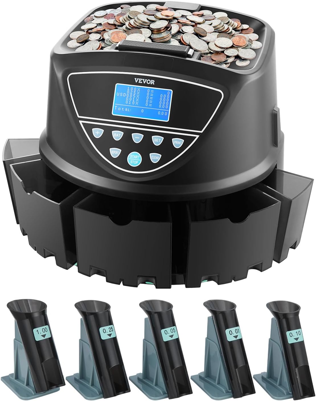 VEVOR Upgraded Coin Counter & Sorter, Coin Sorter and Wrapper Machine with Intuitive Display, Change Counter for USD Coins 1￠ 5￠ 10￠ 25￠ $1, Sorts up to 300 Coins/Min, with 5 Coin Tubes and 5 Trays