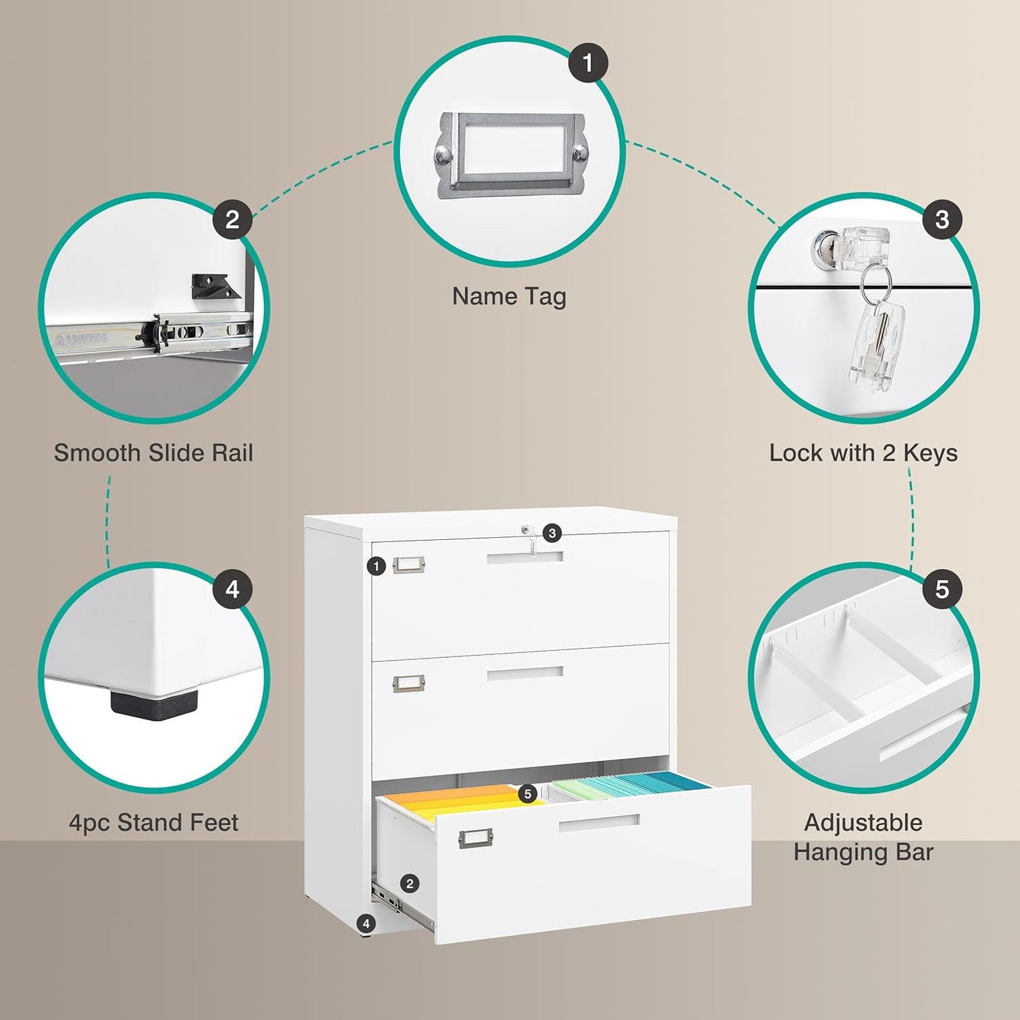 SISESOL 3 Drawer Lateral File Cabinet with Lock,White Lateral Filing Cabinet,Horizontal Metal Filing Cabinet,Locked Wide Three Drawer File Cabinet for Office Home,Fit A4/F4/Letter/Legal File