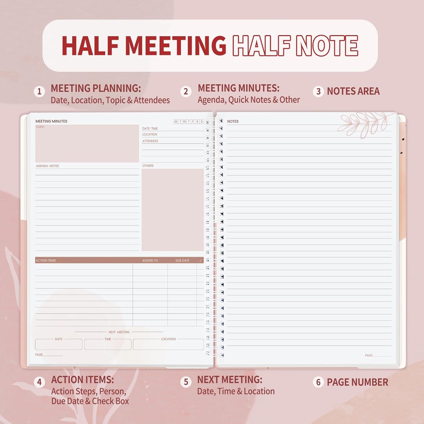 SUNEE Half Meeting Half Note - 8.5"x11" Professional Notebooks for Work - 160 Pages, A4 Size Project Planner, Spiral Meeting Agenda/Minutes Organizer for Women Men, Note Taking, Office & Business