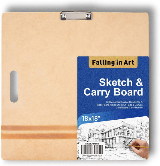 Falling in Art 18x18 Sketch Board, Drawing Tote Board for Artists with Sturdy Clip and Rubber Bands, Portable Art Clipboard for Classroom and Studio Drawing
