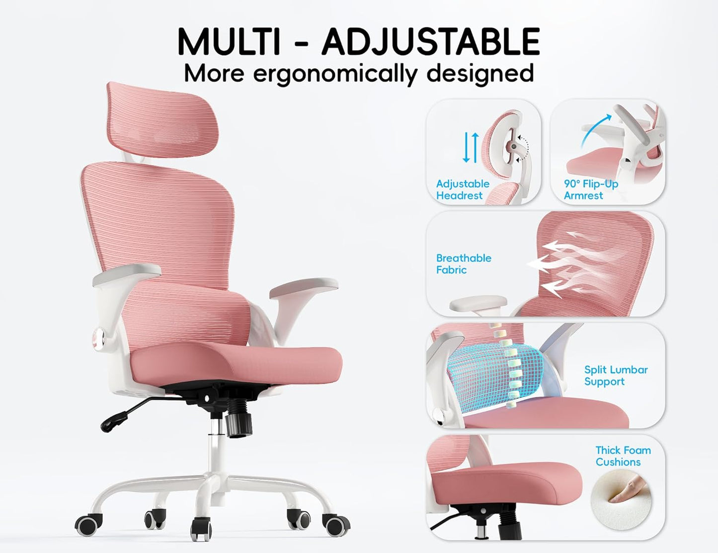 TRALT Office Chair - Ergonomic Office Chair with Back Support, Computer Chair - Home Office Desk Chairs, 330lbs Wide Seat Big and Tall Office Chairs with Headrest, Comfy Desk Chairs (Pink)