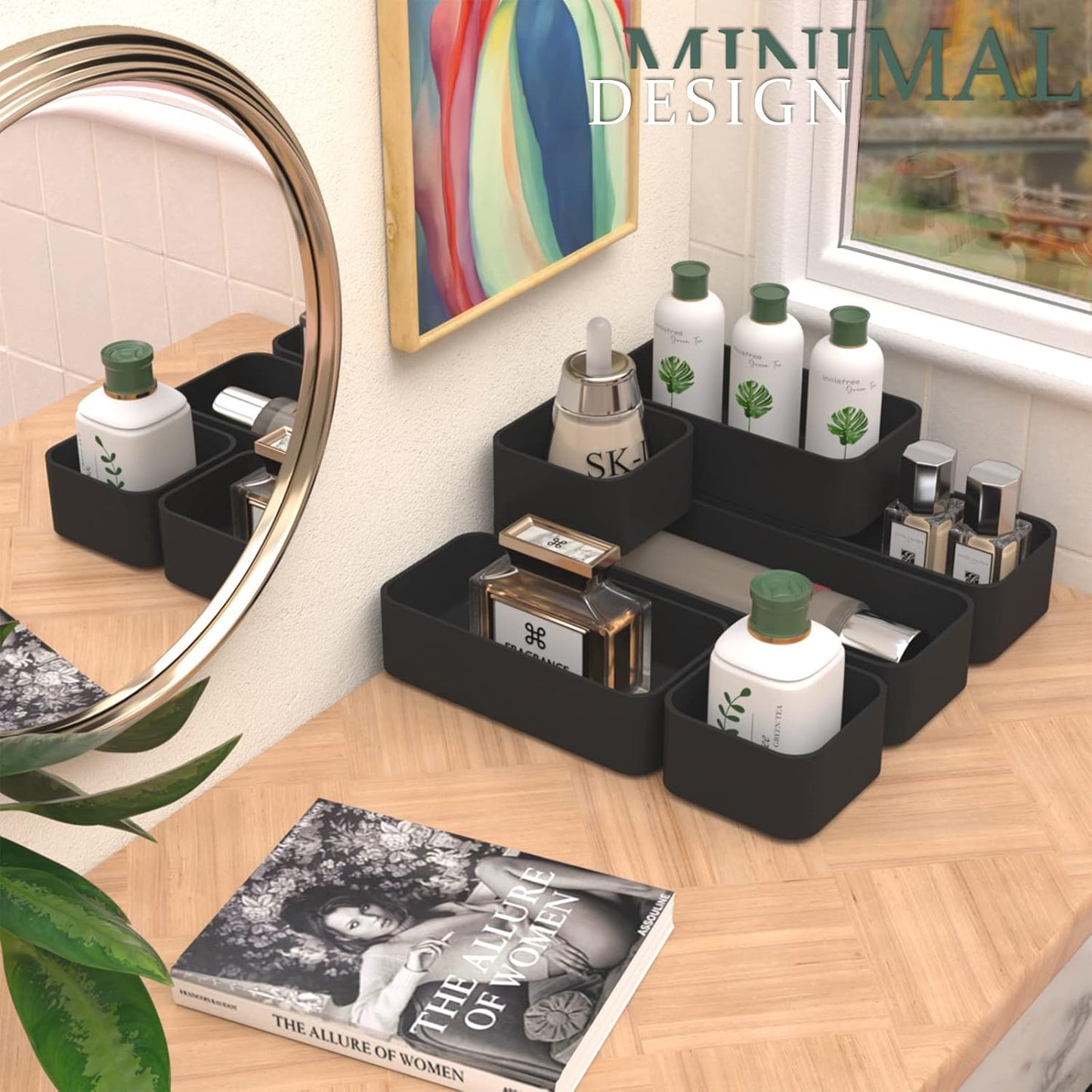 CHANCETSUI 6 PCS Stackable Drawer Organizers Set, Versatile Desk and Vanity Drawer Organizer Trays, Storage Bins for Makeup, Bathroom, Bedroom, Kitchen and Office, Black