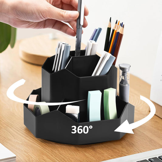 Pencil Pen Holder for Desk, 9 Slots 360 Degree Rotating Desk Organizer, Cute Pen Organizers Stationery Supplies for Office Home & Art Supply (Black)
