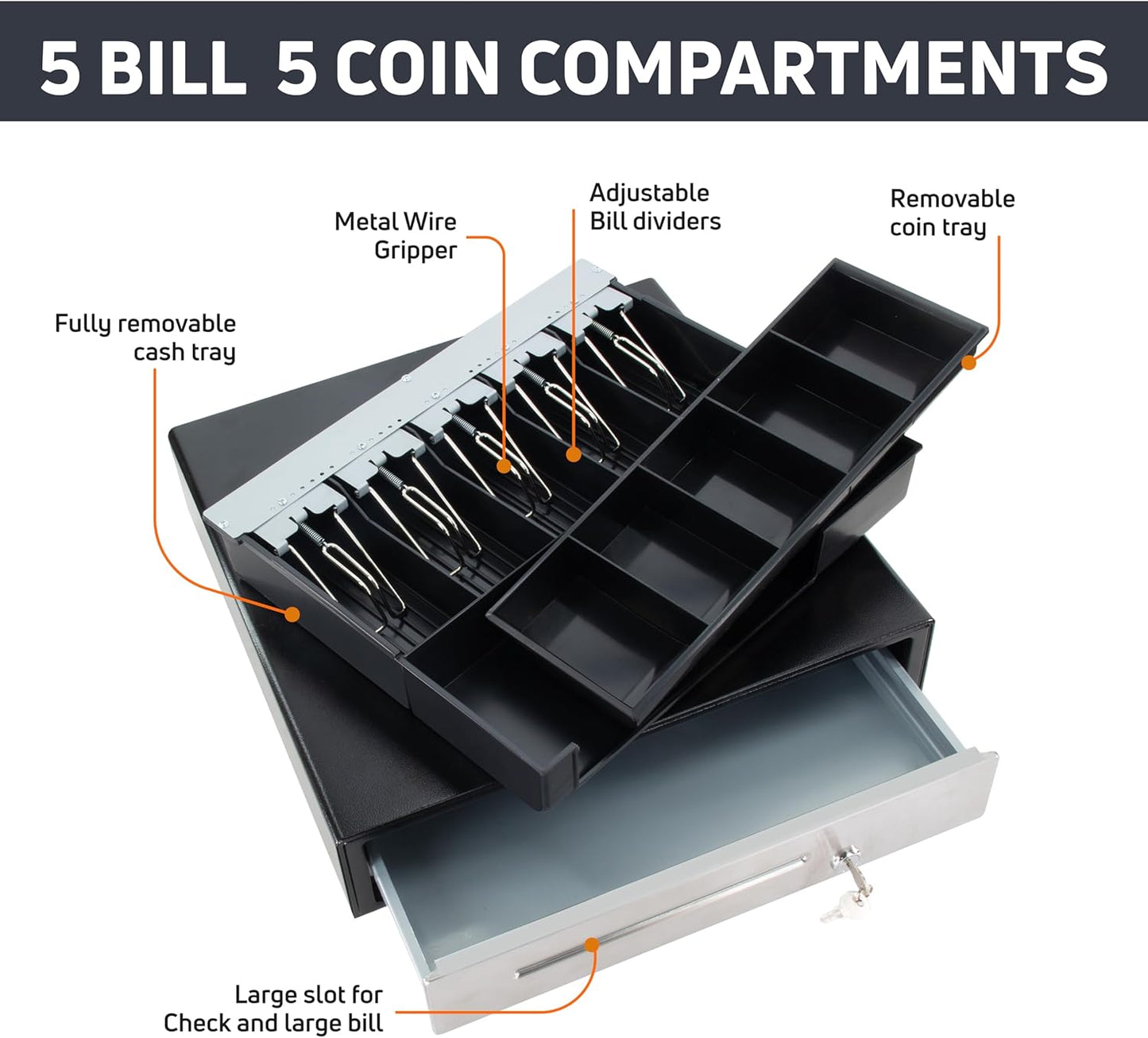 HK SYSTEMS 16inch Cash Drawer for POS, No Logo, Black, DC 24V/Micro Switch, RJ12, 1slot, Removable and Adjustable cash tray 5-bill/5-coin Metal wire gripper, 6Keys #135, Stainless Steel front, HK box