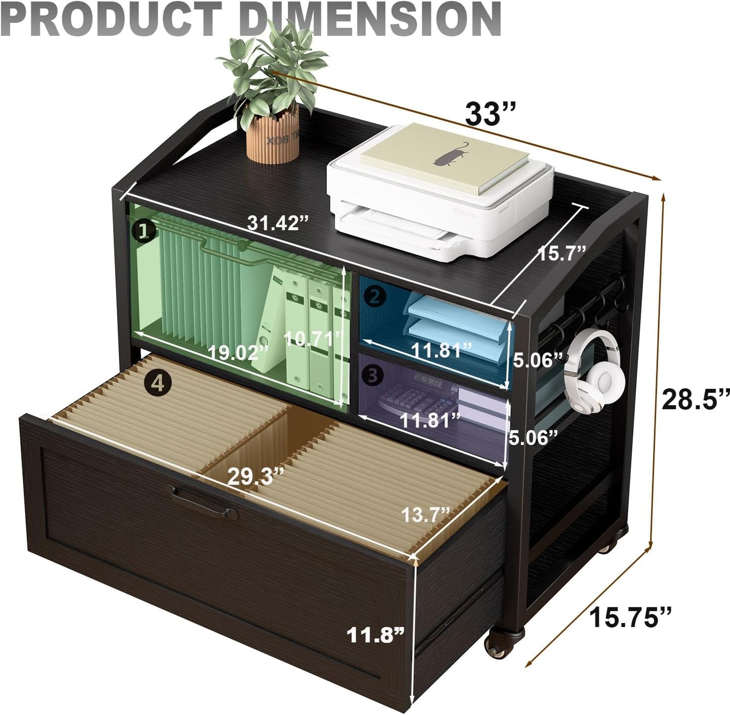 HSH Rolling Lateral File Cabinet with Storage Drawer, Black Mobile Filing Cabinet for Legal/Letter Size, Wood Metal Printer Stand with Shelves, Wheels & Hanging File Folder for Home Office Desk, 33 In