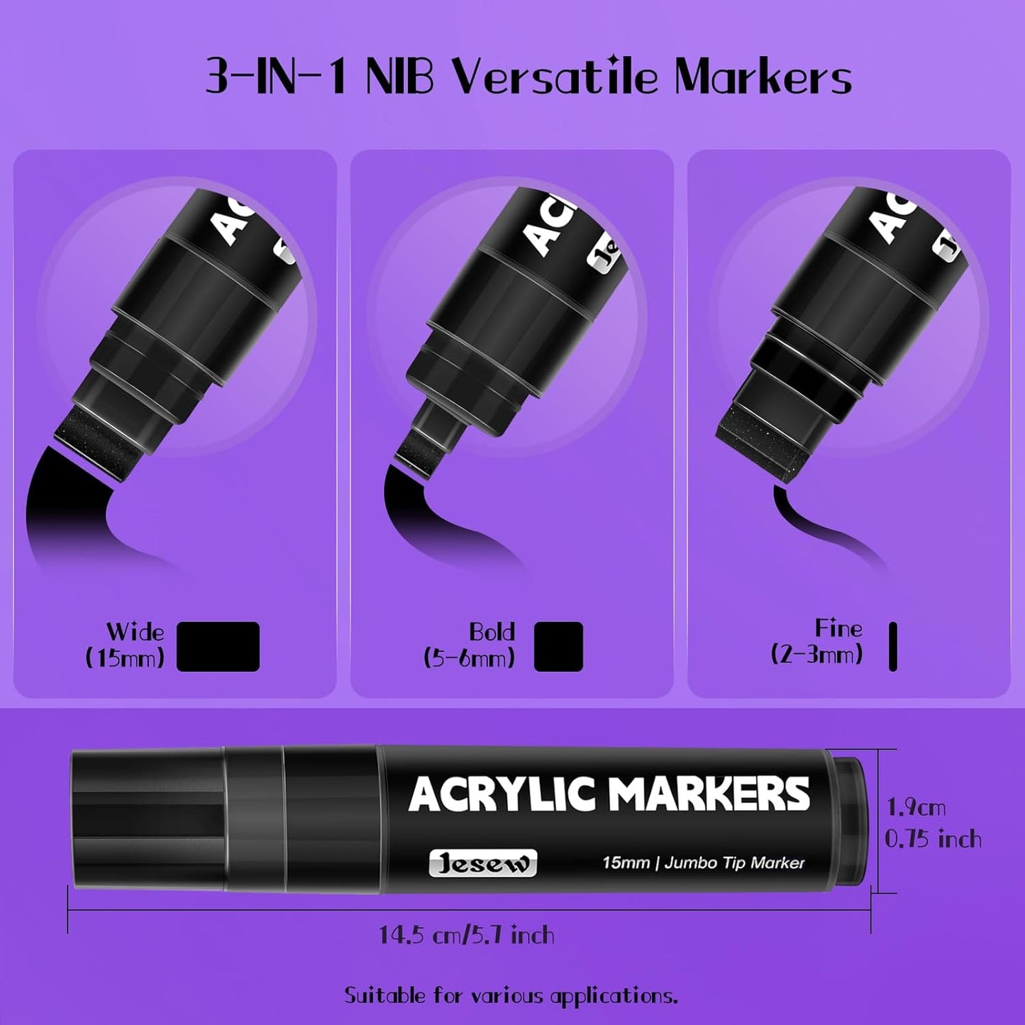 Acrylic Paint Markers, 12 Colors Jumbo Markers, 15mm Jumbo Felt Tip, Waterproof and Permanent Ink Paint Pens for Rock Painting, Stone, Ceramic, Glass, Wood, Canvas, Poster, Signs