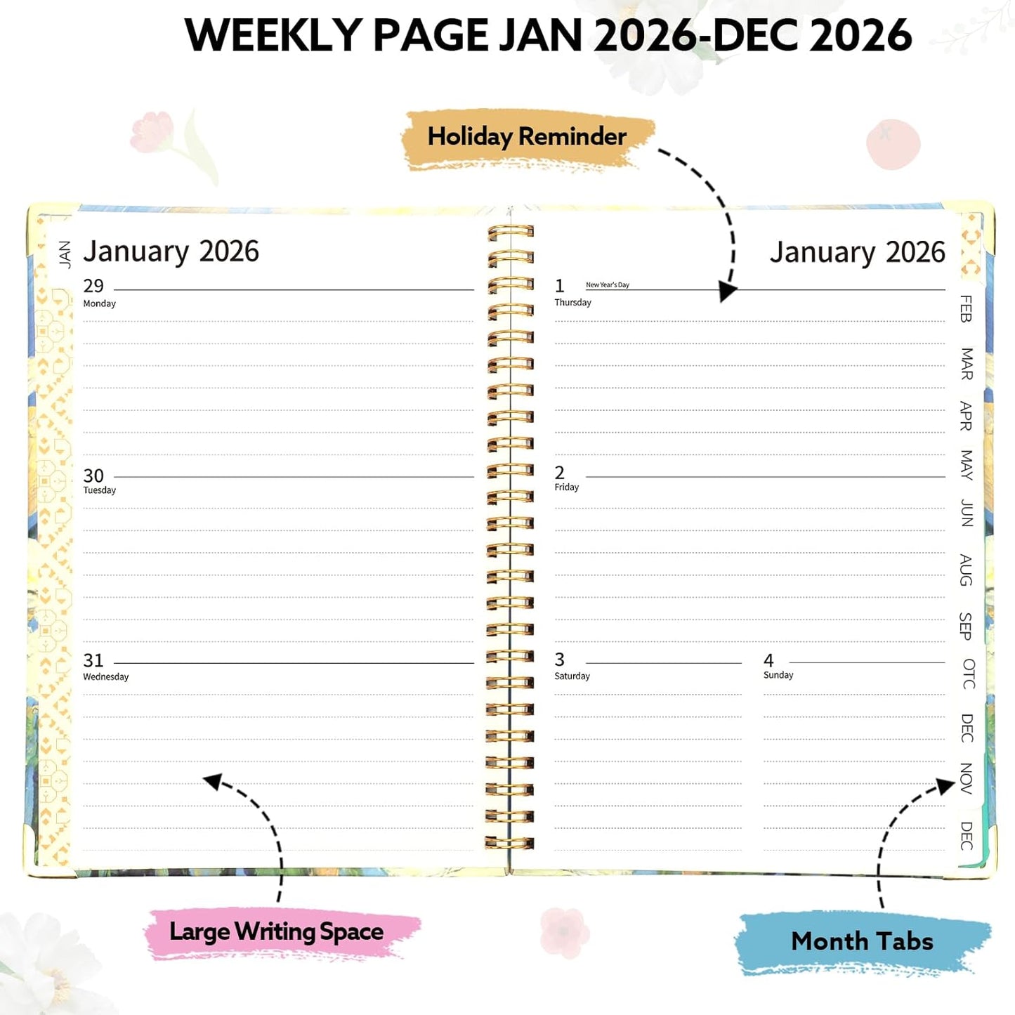 2026 Planner, Weekly and Monthly Planner, January 2026 - December 2026, Calendar Planner A5 (6.5" x 8.5") with Tabs, Inner Pocket for Home School Office Supplies, Yellow Flower