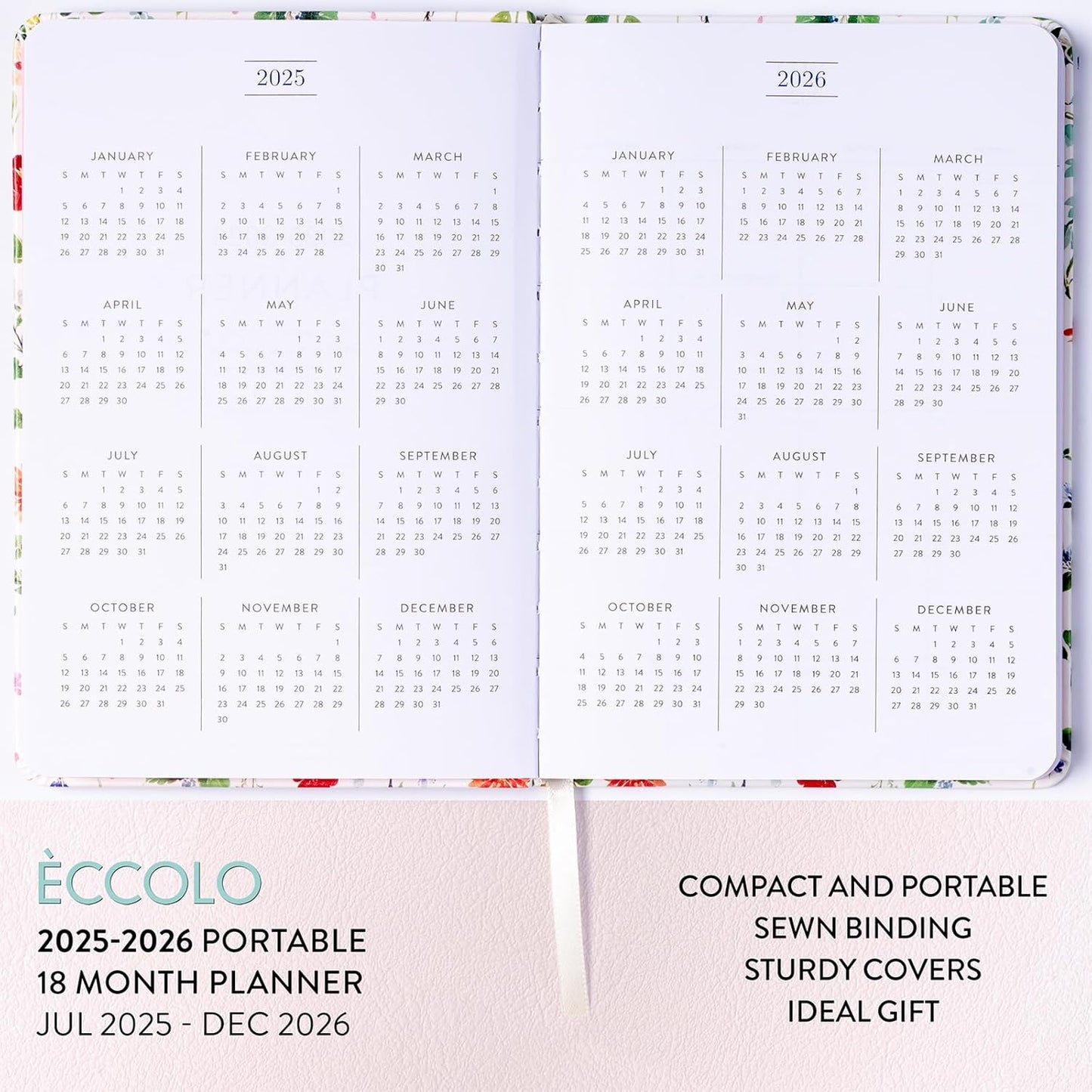 2025-2026 Eccolo 18 Month Bound Planner, Monthly & Weekly Pages (5.25 x 7.75" - July 2025 to Dec 2026 - Watercolor Flowers)