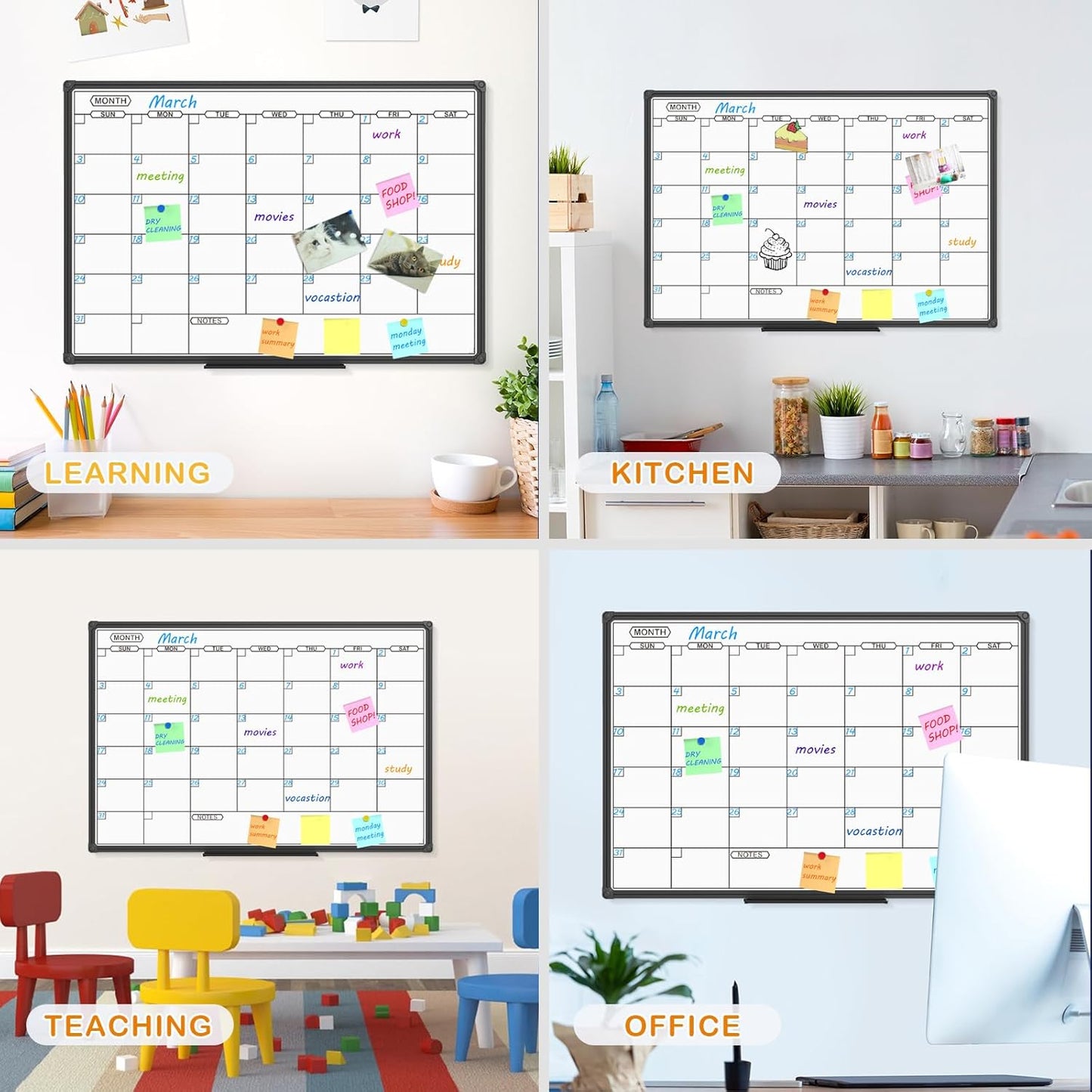 JILoffice Dry Erase Calendar Whiteboard - Magnetic White Board Calendar Monthly 36 X 24 Inch, Black Aluminum Frame Wall Mounted Board for Office Home and School