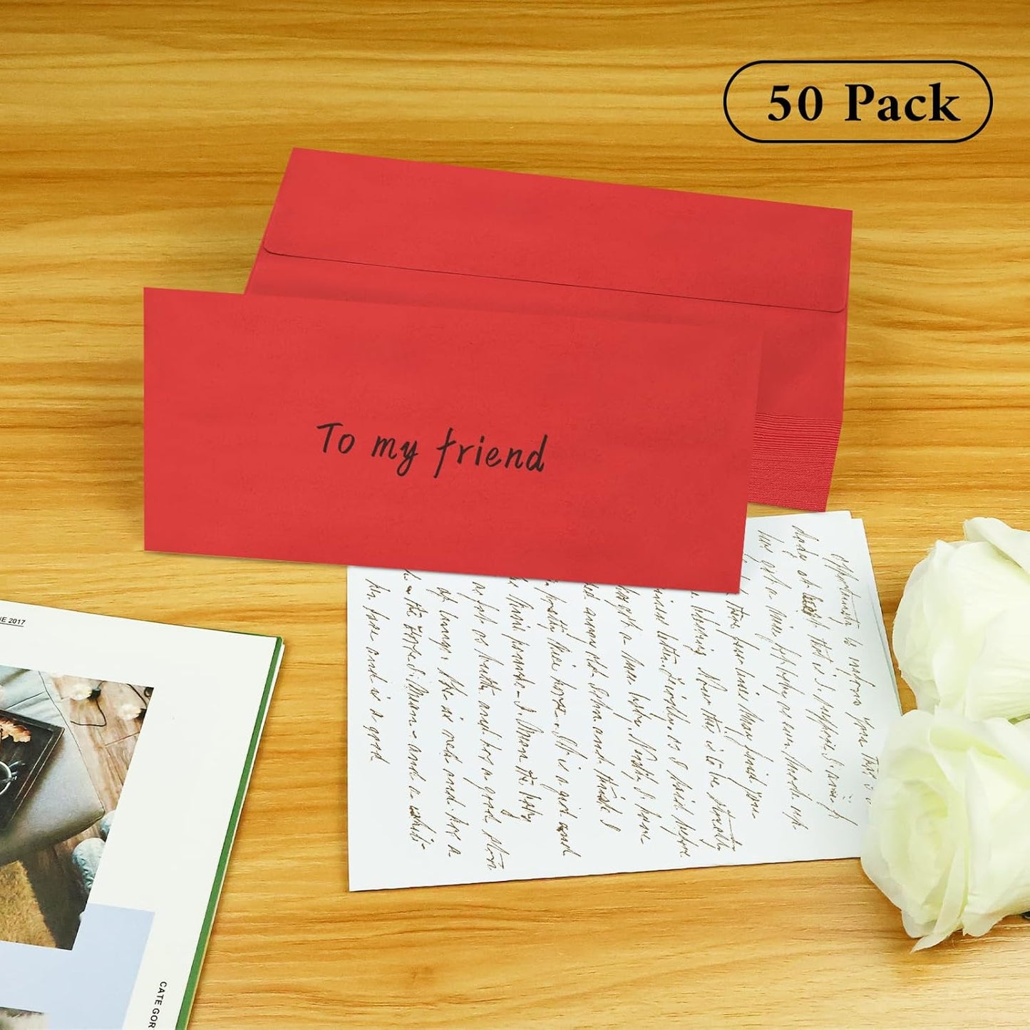 50 Pack #10 Business Envelopes, Red Standard Envelopes Self Seal, Letter Size Mailing Envelopes for Checks Letters Invoices Statements Christmas Birthday Graduation Wedding, 4 1/8 x 9 1/2 Inch