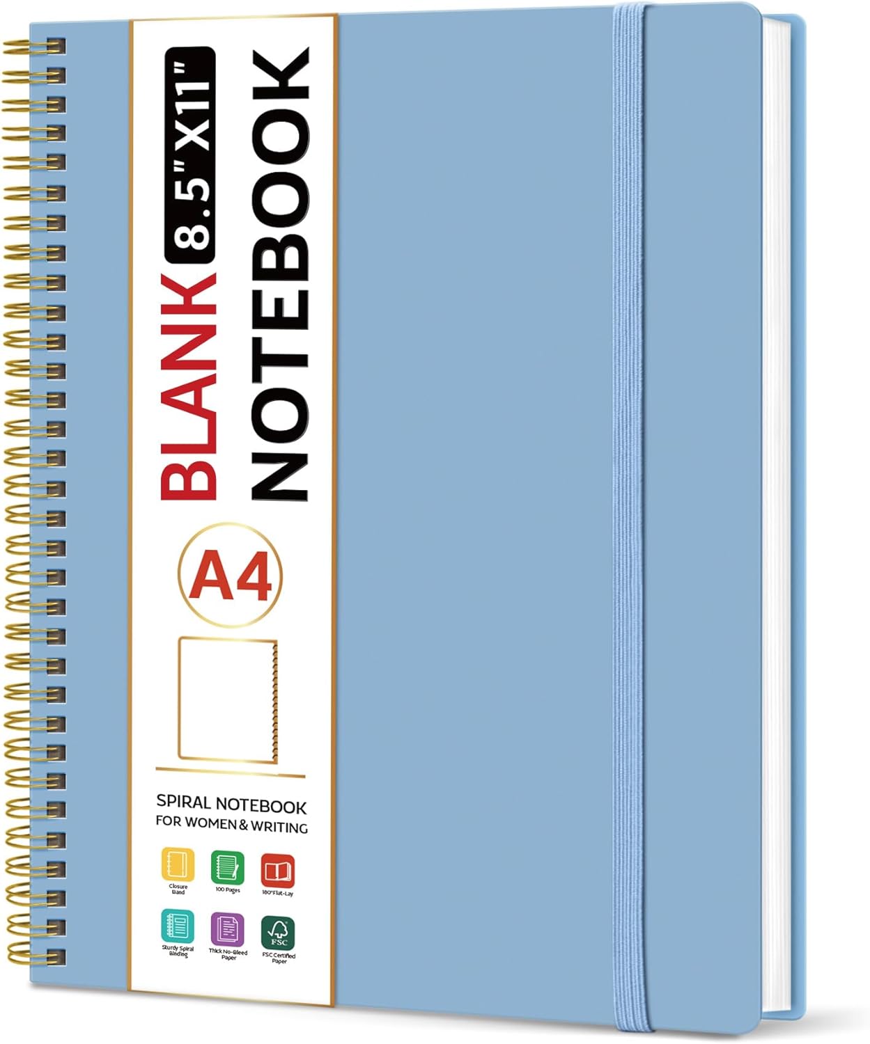 Taja Spiral Blank Notebook, 8.5"x11" Notebooks for Work, Large A4 Journal for Women & Men, Sketch Journal, Journaling Notebook for Writing, Plastic Cover Spiral Journal, Blue