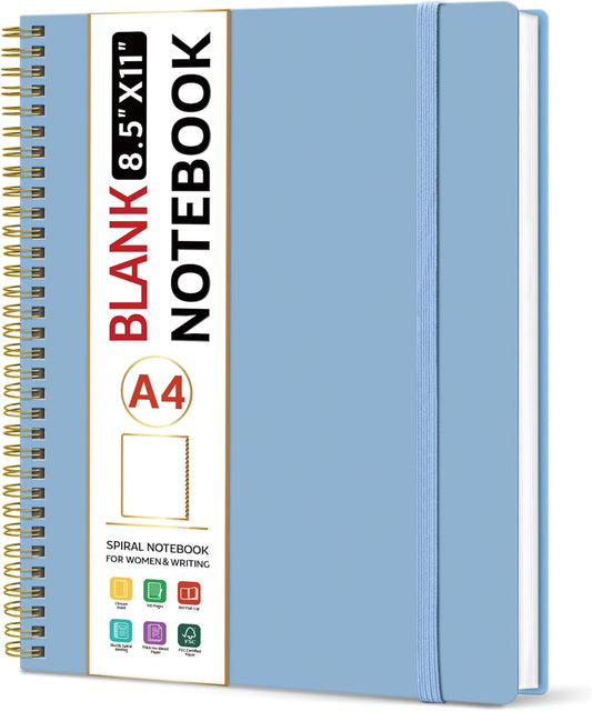 Taja Spiral Blank Notebook, 8.5"x11" Notebooks for Work, Large A4 Journal for Women & Men, Sketch Journal, Journaling Notebook for Writing, Plastic Cover Spiral Journal, Blue