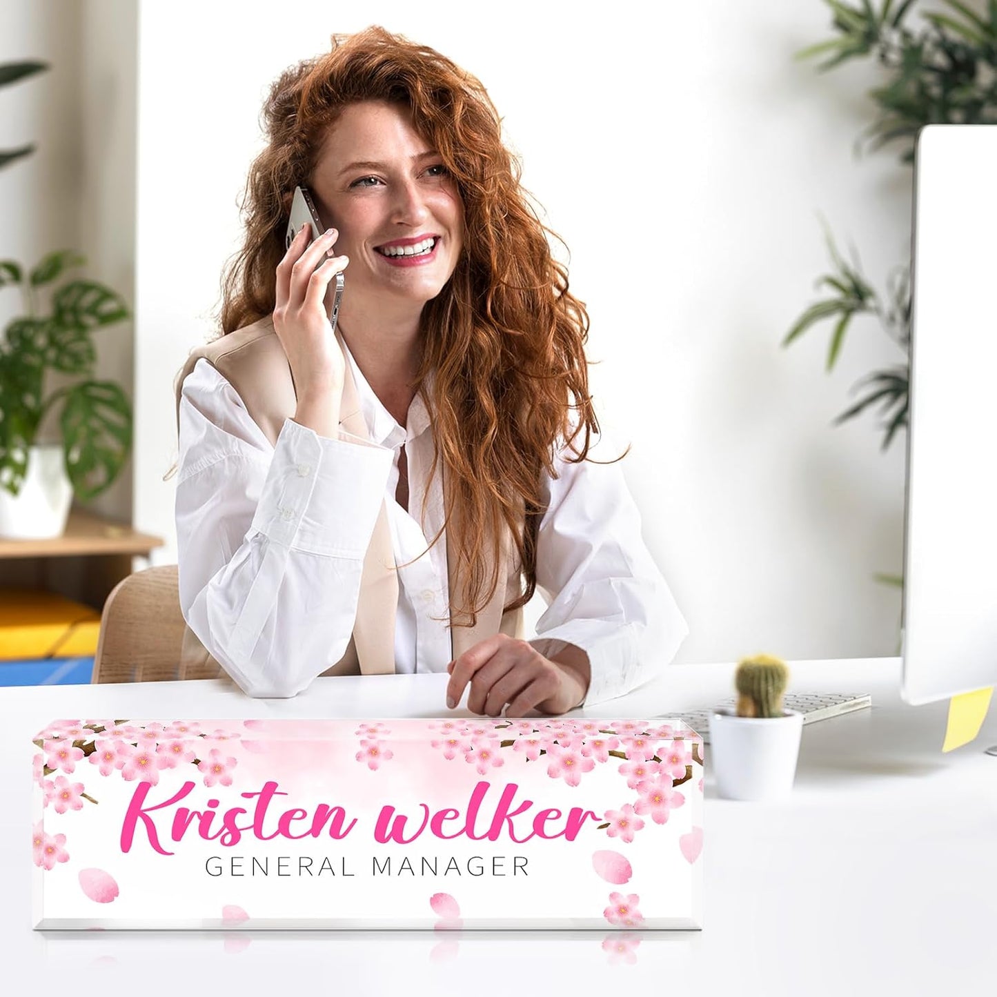 Personalized Name Plate for Desk - Custom Engraved Name Plates for Woman - Boss Day Gifts for Ladies- Pink Office Decor Appreciation Gifts for Teacher Nurse Coworker Social Worker (cherry blossom)