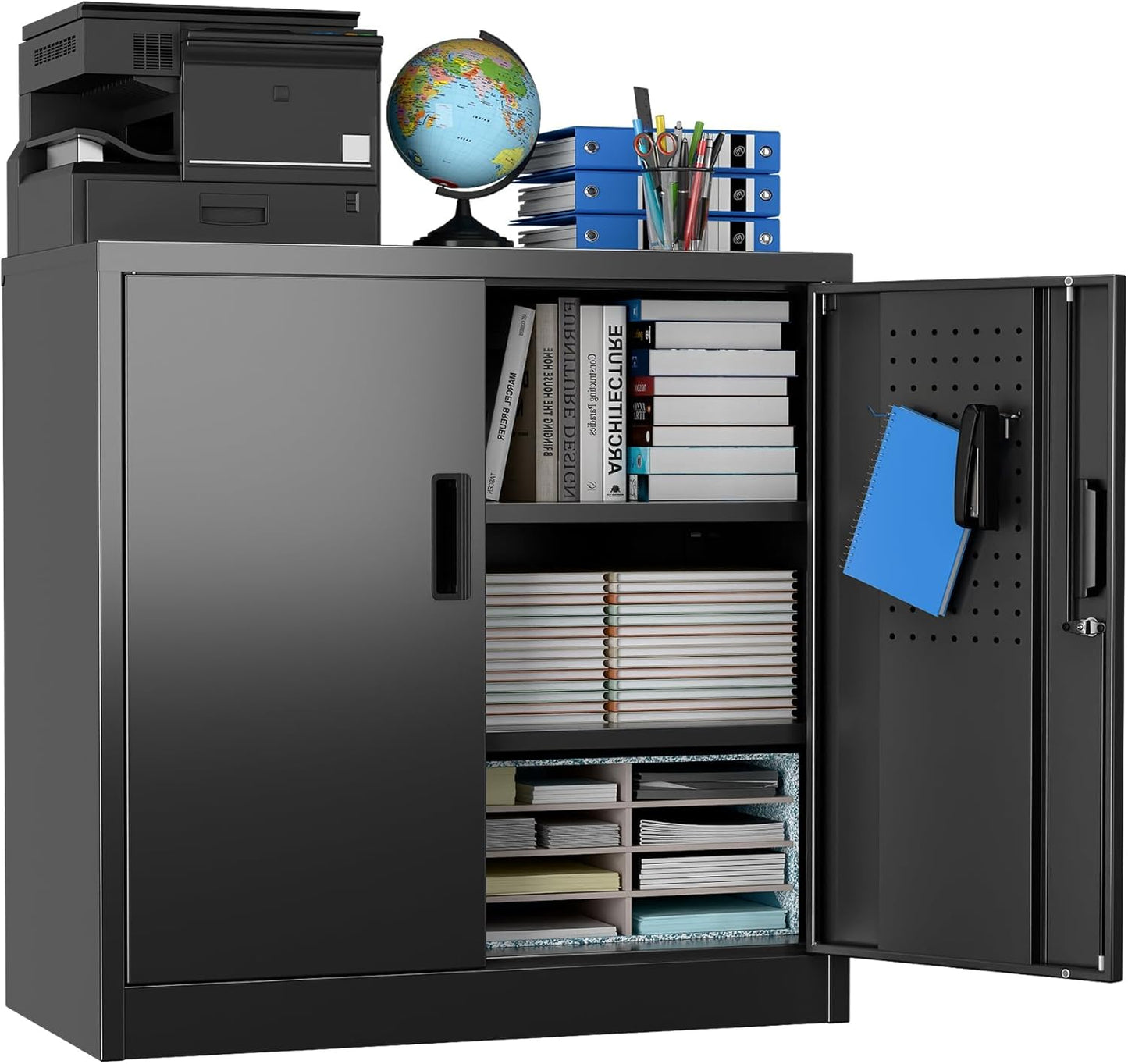 Aobabo 31.5" H Small Garage Storage Cabinet with Pegboard,Lockable File Storage Cabinet with 2 Adjustable Shelves for Garage, Office, School, Assembly Require, Black