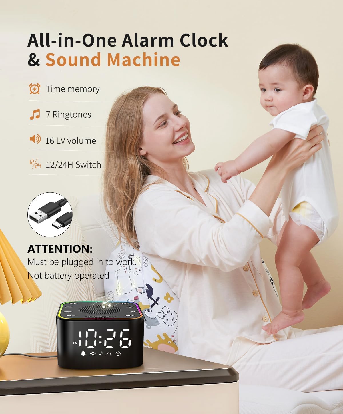 White Noise Sound Machine, Alarm Clock with Sound Machine for Sleeping, White Noise Machine with Digital Clock for Bedrooms, RGB Night Light, 30 Soothing Sounds for Baby Kids Adults