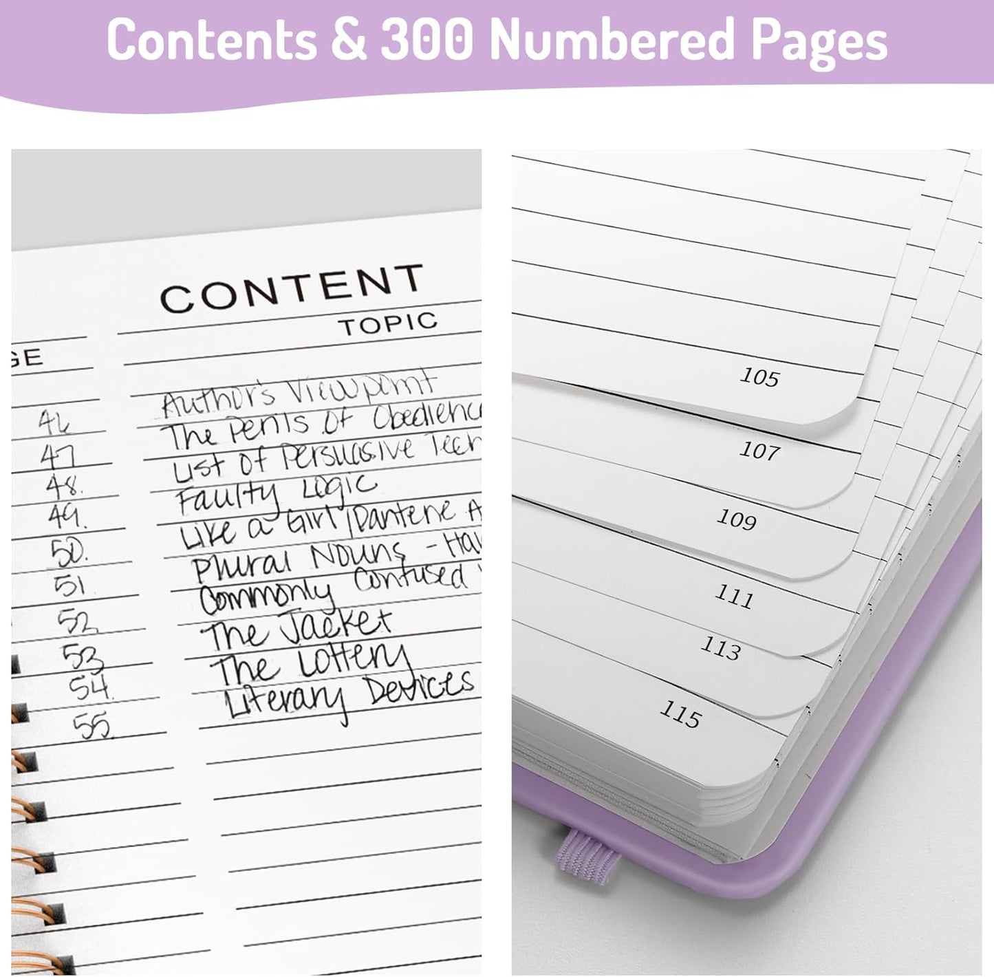 Forvencer A4 Lined Spiral Journal Notebook with 300 Numbered Pages, 11" X 8.5" Thick Journals for Writing with 100GSM Paper, Hardcover Notebooks with Contents for Work, School, Purple