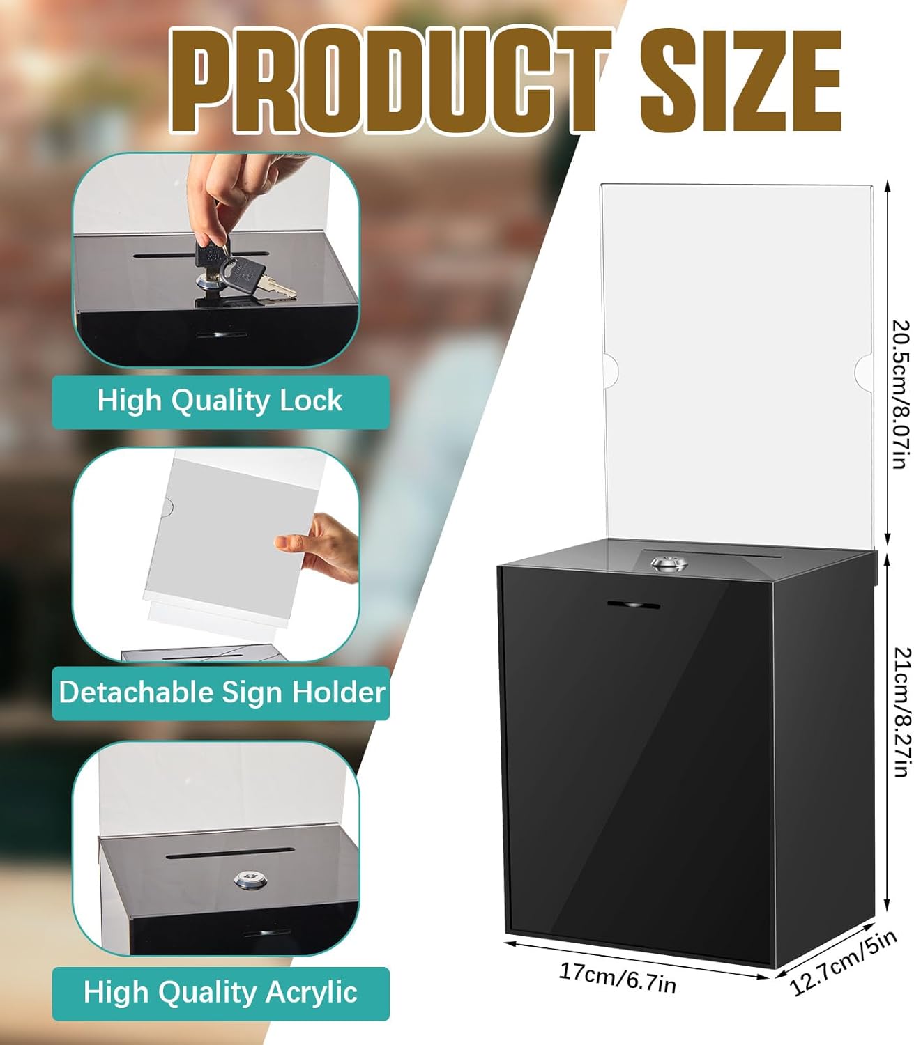 Sweetude 2 Pack Acrylic Donation Box with Lock Tall Tip Jars 8.2 x 6.7 x 5 In Suggestion Ballot Box with Sign Holder Large Locking Raffle Voting Container for Fundraising Ticket Collection(Black)