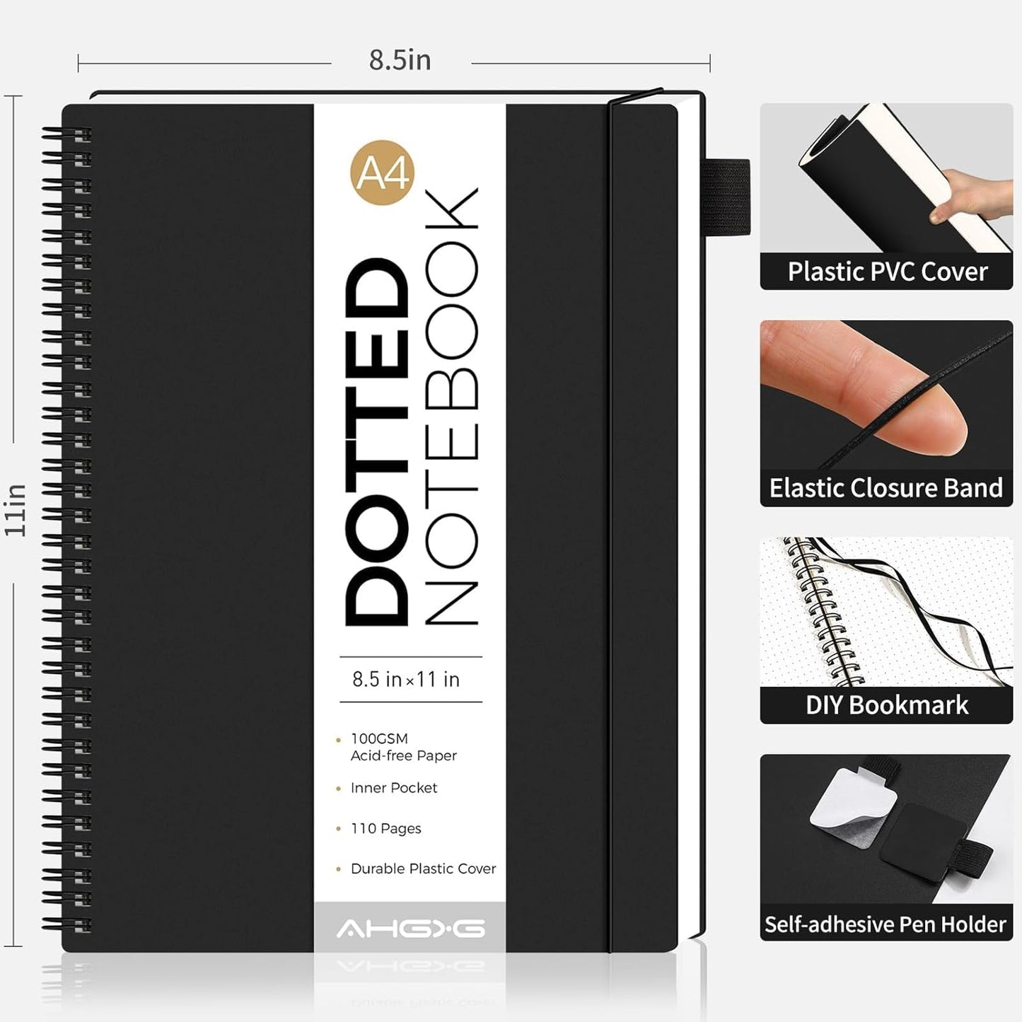 AHGXG Bullet Dotted Journal - Dot Grid Spiral Notebook 8.5" x 11", A4 Large Dotted Notebook, 100 GSM Thick Paper, Waterproof Plastic Cover Journals for Bullet Journaling, Sketching, Black