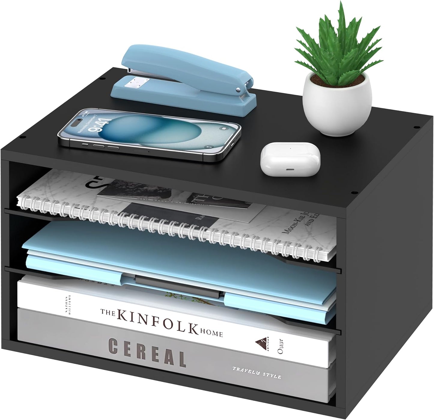 Wood Desk Organizer, 3 Tier Paper Tray Organizer for Desk with Adjustable Storage Shelves, Desktop Paper Sorter Mail Holder for Office Home Classroom, Black