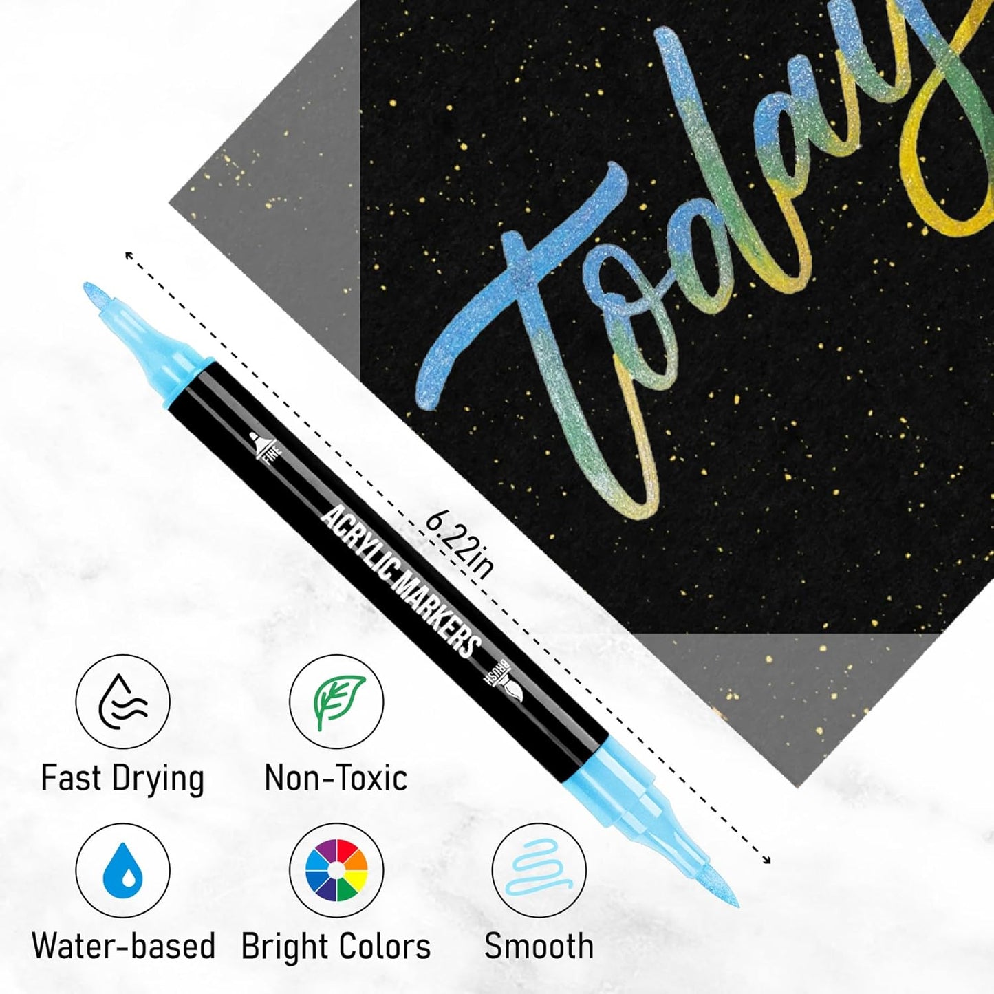 24 Metallic Colors Acrylic Paint Markers, Dual Tip with Fine Tip and Brush Tip Pens for Stone, Wood, Calligraphy, Canvas, Ceramic, Metal, Glass, Rock Painting, DIY Crafts