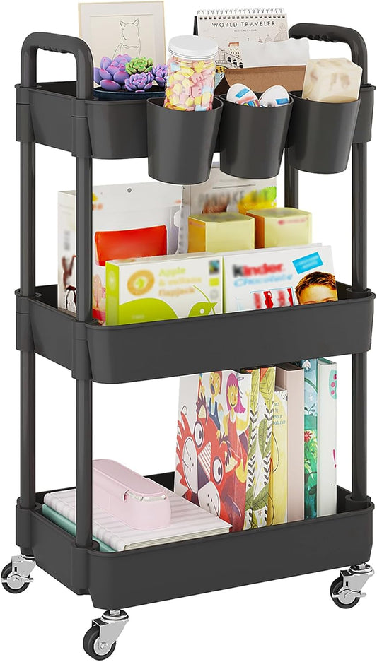 UDEAR 3-Tier Rolling Utility Cart,Multifunctional Storage Shelves with Handle and Lockable Wheels for Room,Office,Kitchen,Bathroom,with 3 Hanging Cups,Black