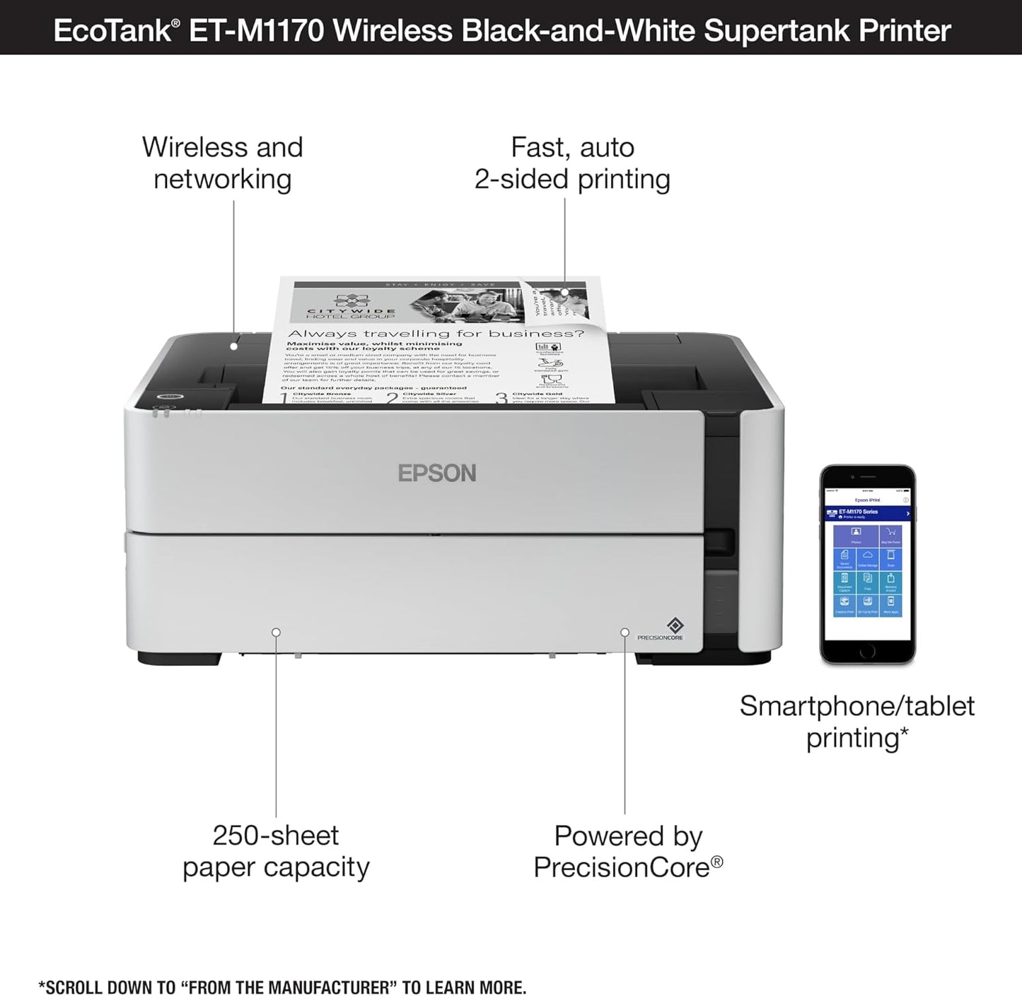 Epson EcoTank ET-4800 Wireless All-in-One Cartridge-Free Supertank Printer & EcoTank ET-M1170 Wireless Monochrome Supertank Printer with Ethernet Plus 2 Years of Unlimited Ink*,White