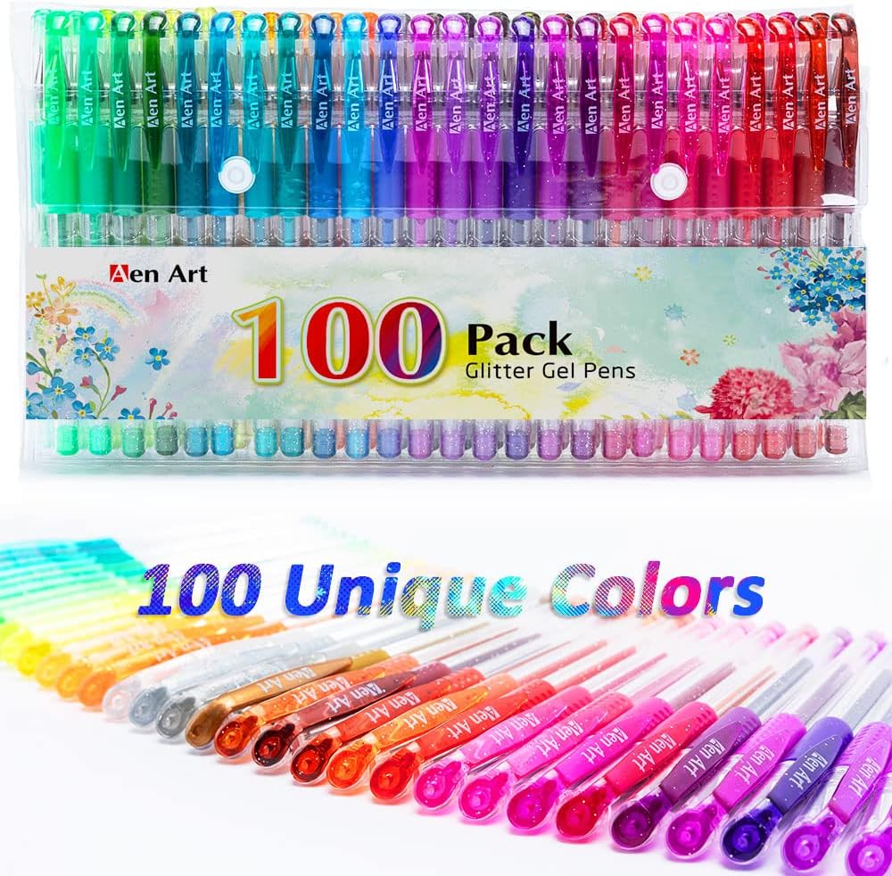 Glitter Gel Pens, 100 Color Glitter Pen Set for Making Cards, 30% More Ink Neon Glitter Gel Marker for Adult Coloring Books, Journaling Crafting Doodling Drawing