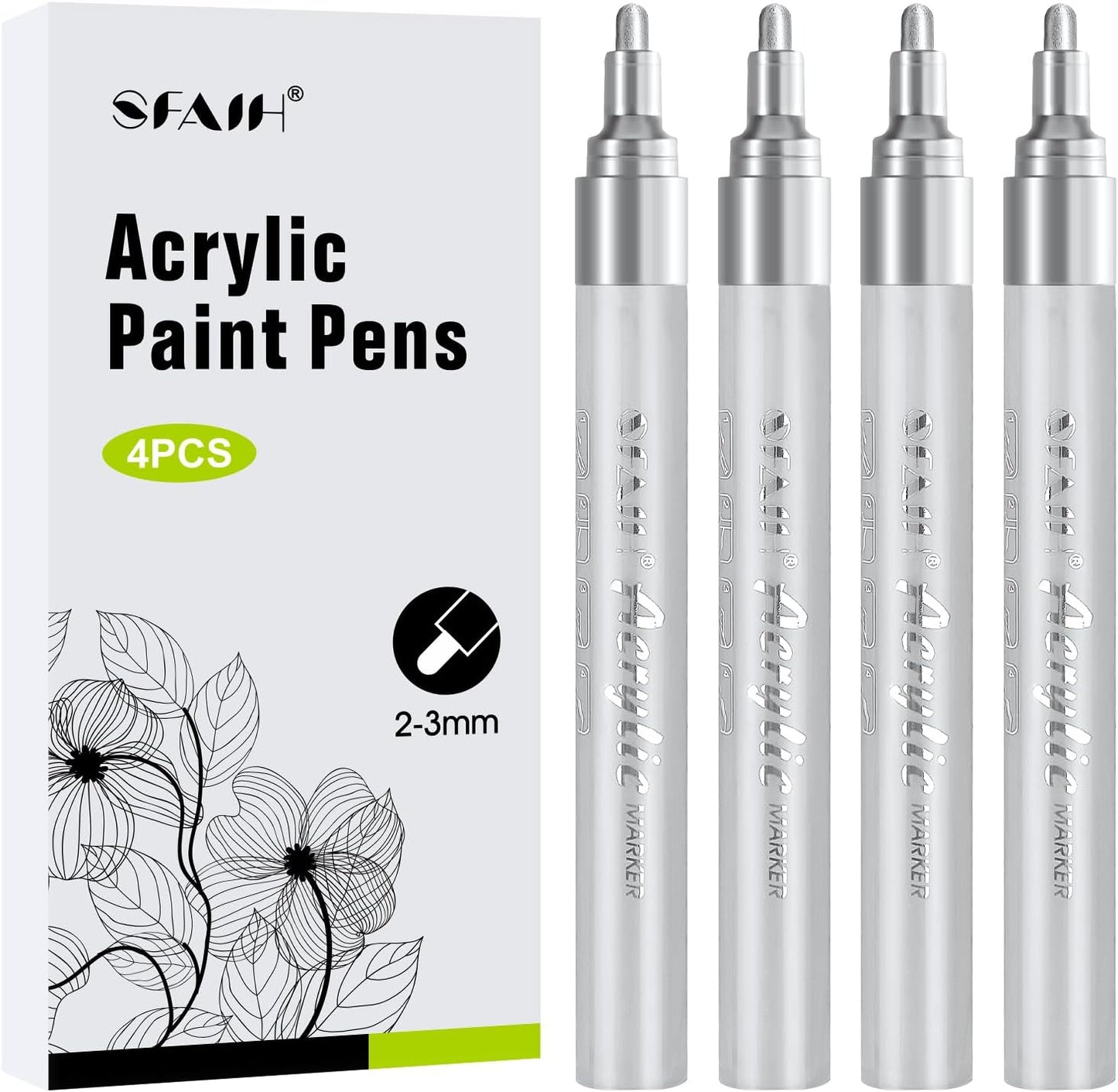 SFAIH Silver Paint Markers Pens - 4 Pack 2-3MM Medium Tip Metallic Acrylic Markers For Holiday Decor, Gift Wrapping, Party Posters, DIY Craft Projects