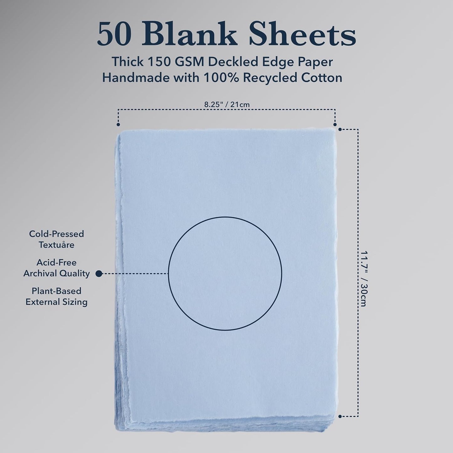 Wanderings Blue A4 Handmade Paper with Deckled Edge - 8.3" x 11.7", 150 GSM, 50 Sheets Textured Paper - Perfect for, Drawing, Writing, Printing, Watercolor & Mixed Media