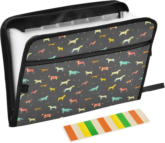 Gredecor 13 Pockets File Folder Organizer A4/Letter Water Resistant Dachshund Dog Black Document Bag with Zipper Filing Folder Expanding File Pouch Storage for School Office