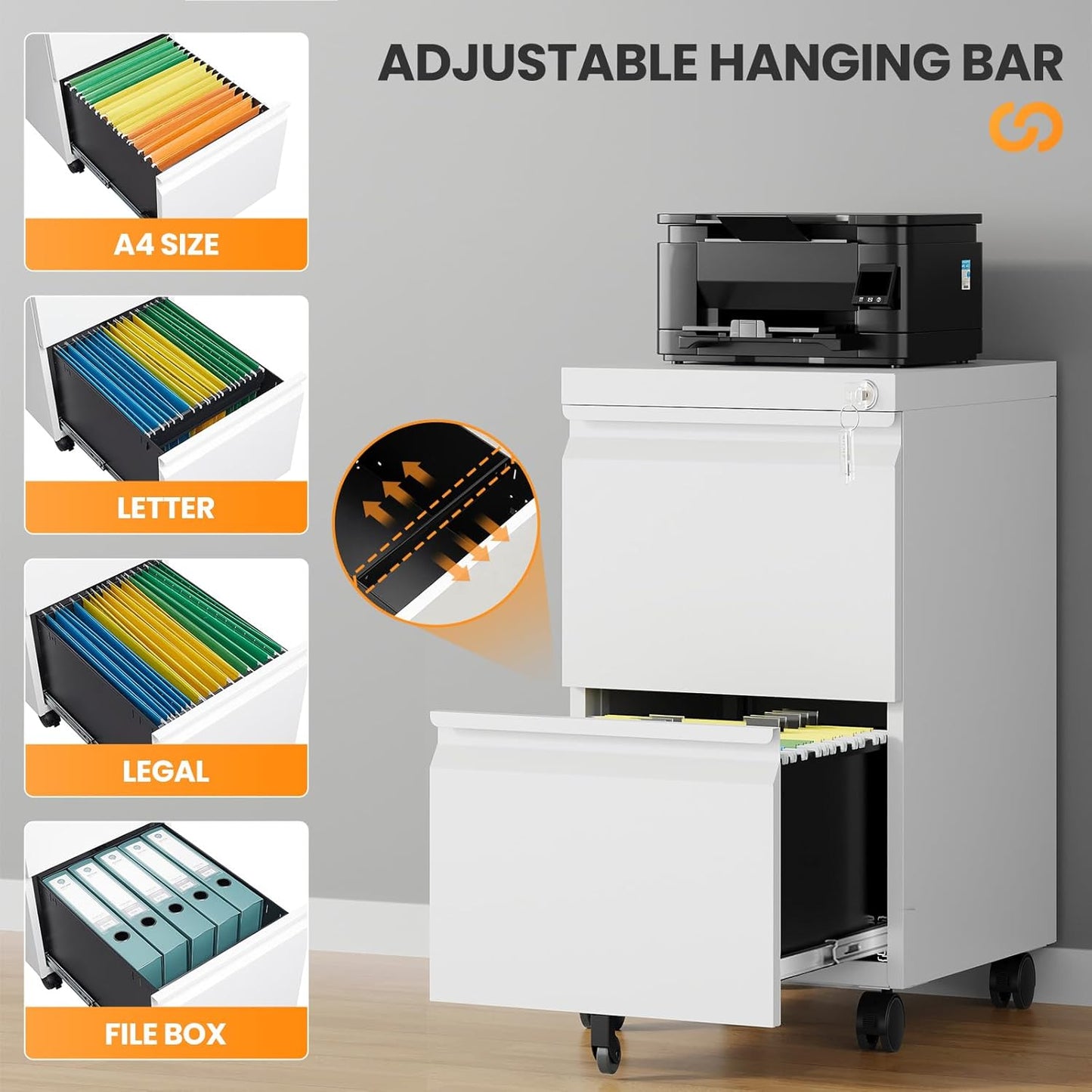 2 Drawer File Cabinet with Lock, Rolling File Cabinets for Home Office, Small Metal Filing Cabinet Office Drawers Under Desk for Letters/Legal/A4 Size, Assembly Required