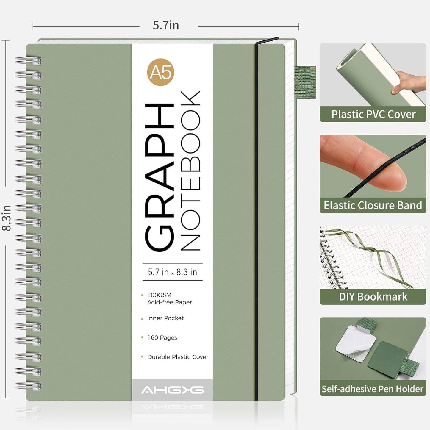 AHGXG Graph Paper Notebook - Spiral Notebook Journal 160 Pages, A5 Graph Notebook 5.7" x 8.3", 100 gsm Thick Grid Paper, Waterproof Plastic Cover, for School Writing Engineering Math, Sage Green