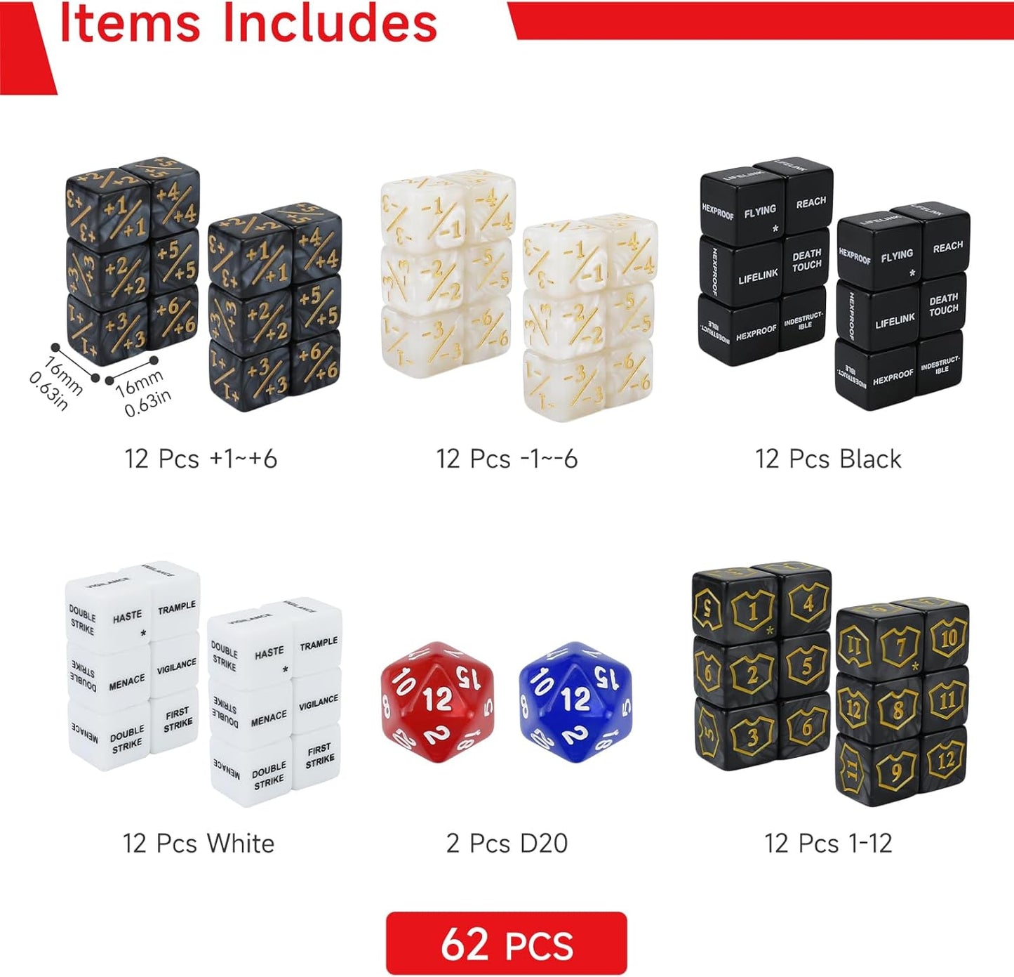 SIXPOINTS 62Pcs MTG Dice Counters Plus 1 Tokens Marble D6 Abilities Keywords Dice Creature Stats Buff Tokens 6 Sided & D20 Dice Set for Magic The Gathering, MTG, TCG, Card Games Accessories