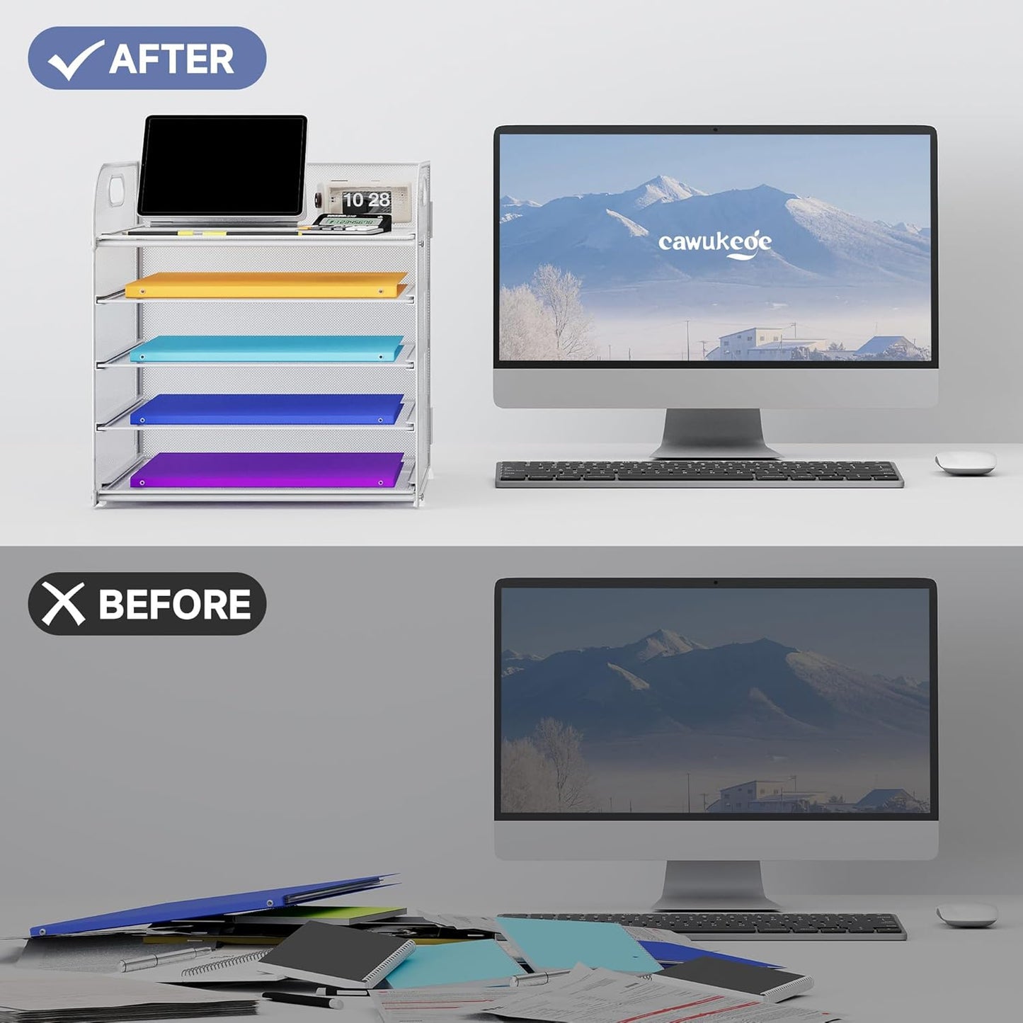 5 Tier Paper Organizer with Handle, Metal Mesh Desk Organizer File Folder Paper Letter Tray Desktop Document Sorter for Classroom, School, Office Accessories Organization and Storage - White